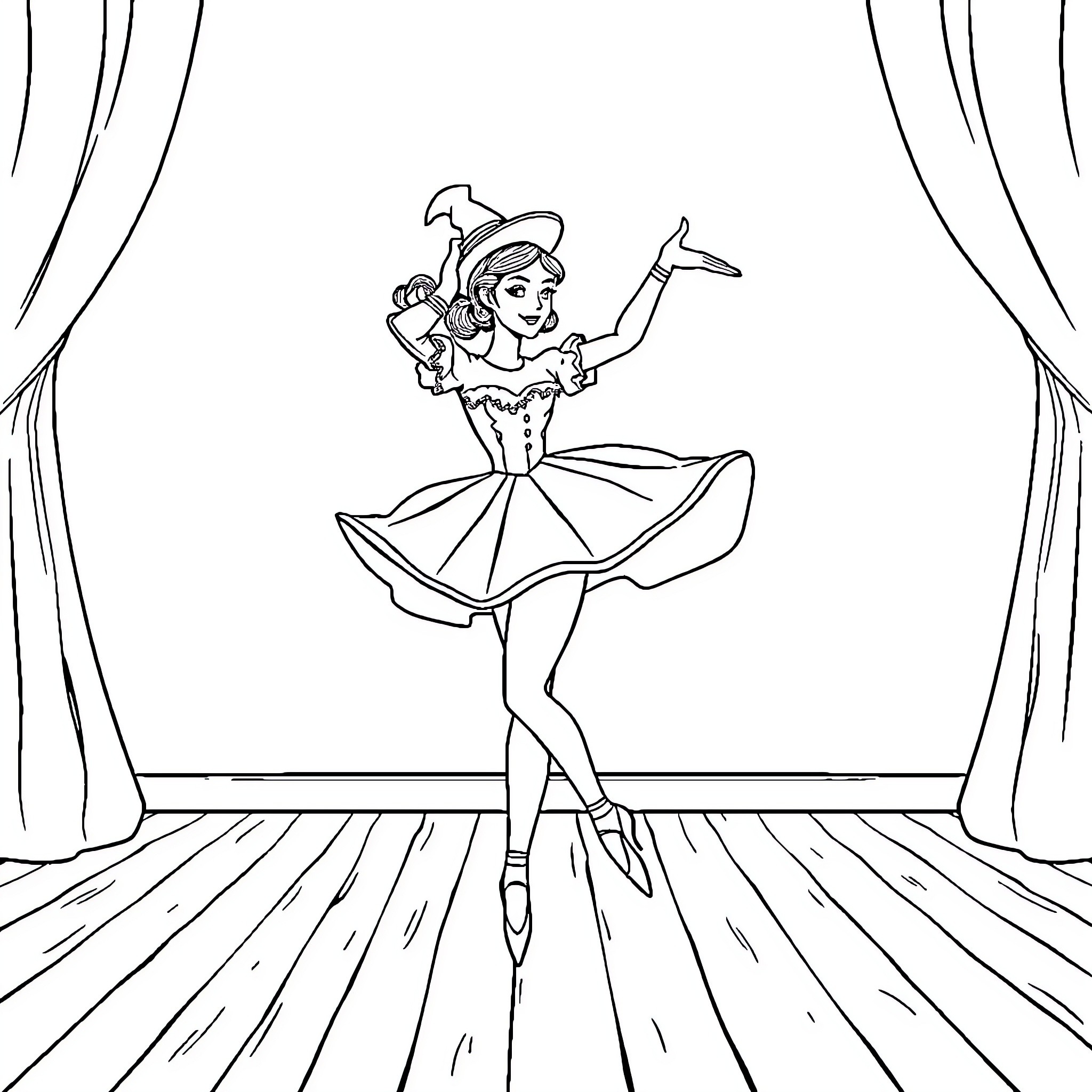 Ballerina performing graceful dance on stage Coloring Page (free black-and-white line drawing printable PDF for all, from beginners to advanced learners, including children, teens, adults, and seniors)
