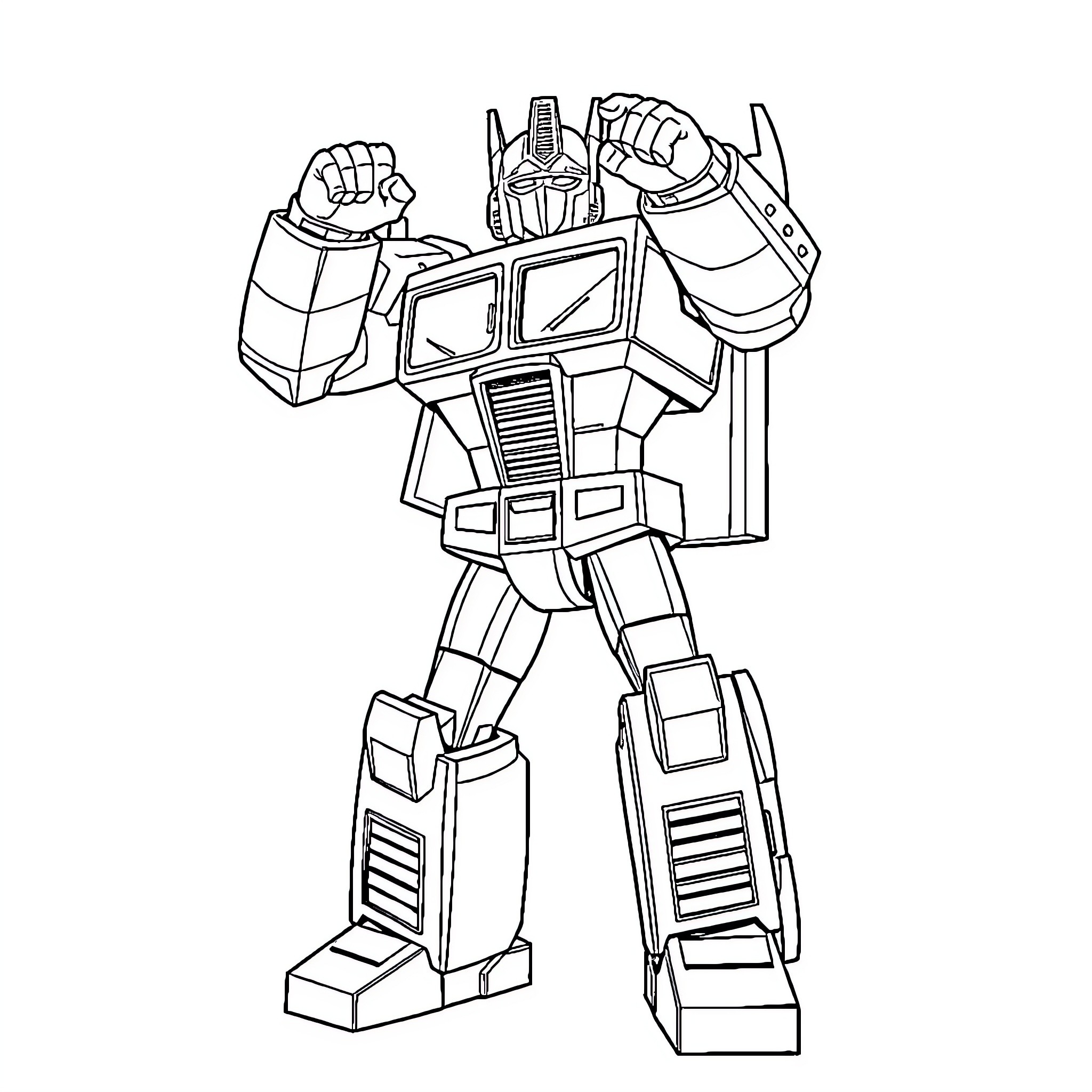 Optimus Prime Transforming and Ready for Action Coloring Page (free black-and-white line drawing printable PDF for all, from beginners to advanced learners, including children, teens, adults, and seniors)