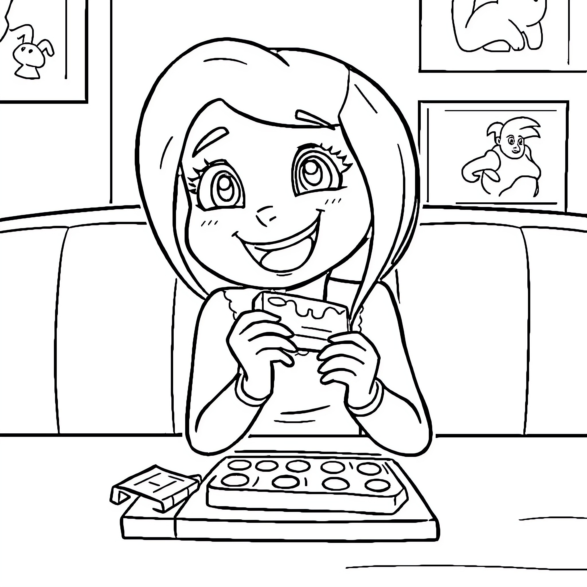 Kim Possible playing video games happily in her room Coloring Page (free black-and-white line drawing printable PDF for all, from beginners to advanced learners, including children, teens, adults, and seniors)