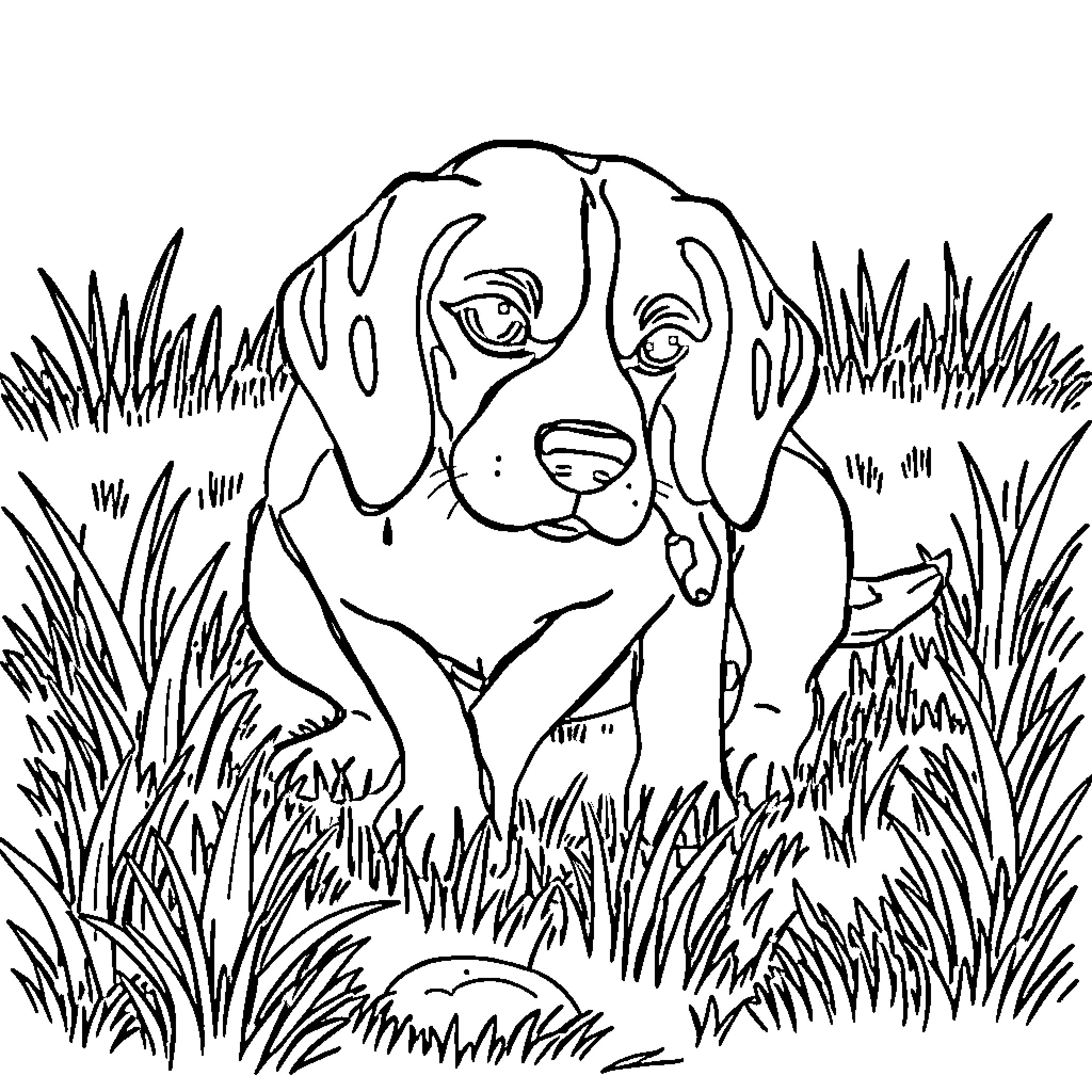 Beagle exploring the grassy outdoors Coloring Page (free black-and-white line drawing printable PDF for all, from beginners to advanced learners, including children, teens, adults, and seniors)