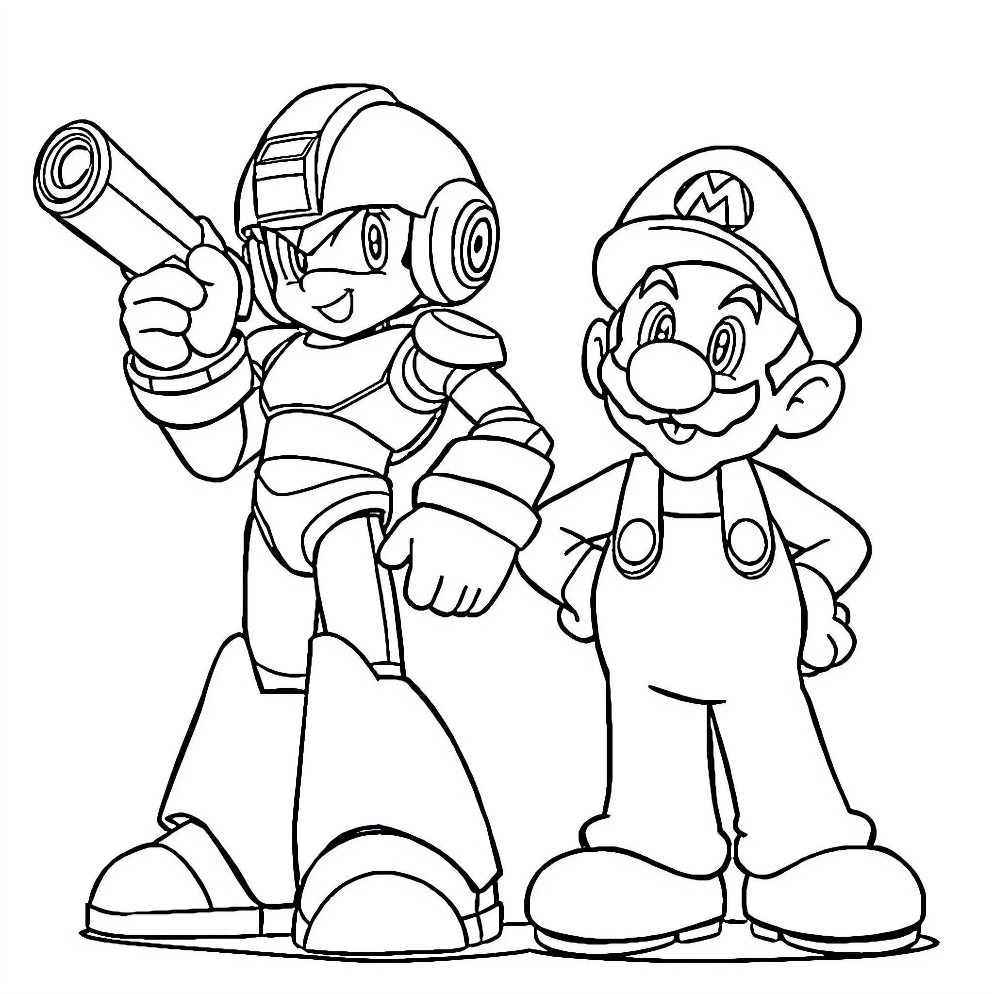 Mega Man and Mario in Action Poses Coloring Page (free black-and-white line drawing printable PDF for all, from beginners to advanced learners, including children, teens, adults, and seniors)