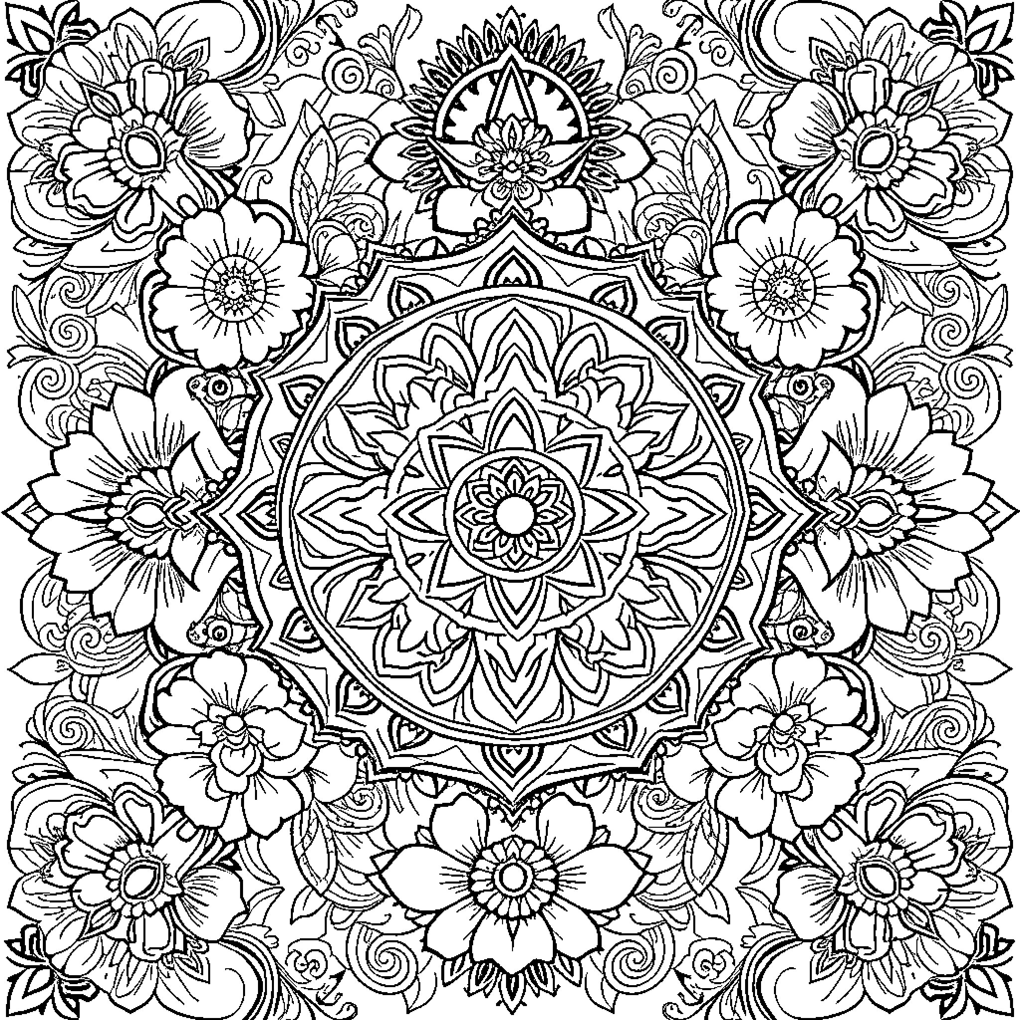 Dharmachakra surrounded by intricate floral patterns Coloring Page (free black-and-white line drawing printable PDF for all, from beginners to advanced learners, including children, teens, adults, and seniors)