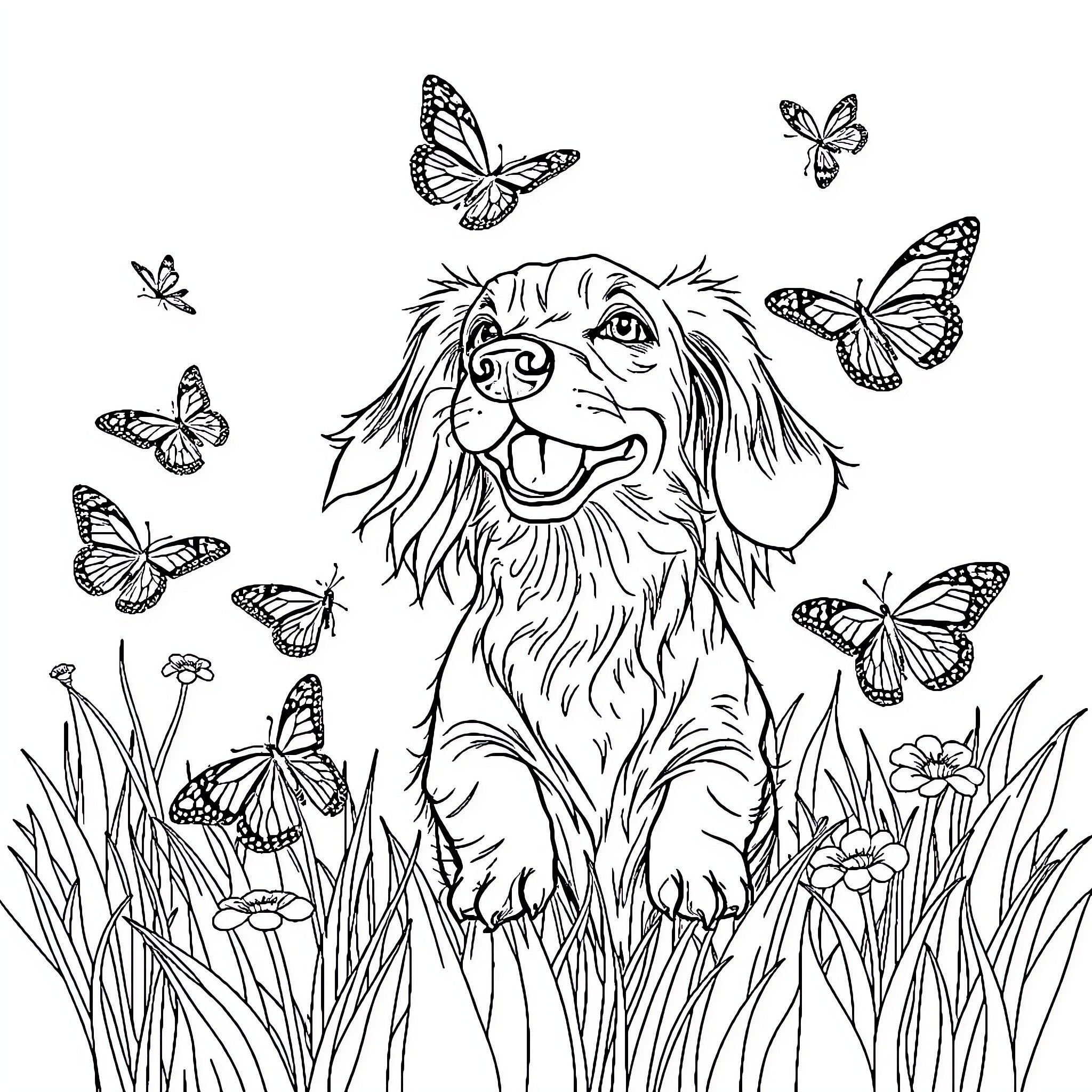 Dachshund playing in a field of butterflies Coloring Page (free black-and-white line drawing printable PDF for all, from beginners to advanced learners, including children, teens, adults, and seniors)
