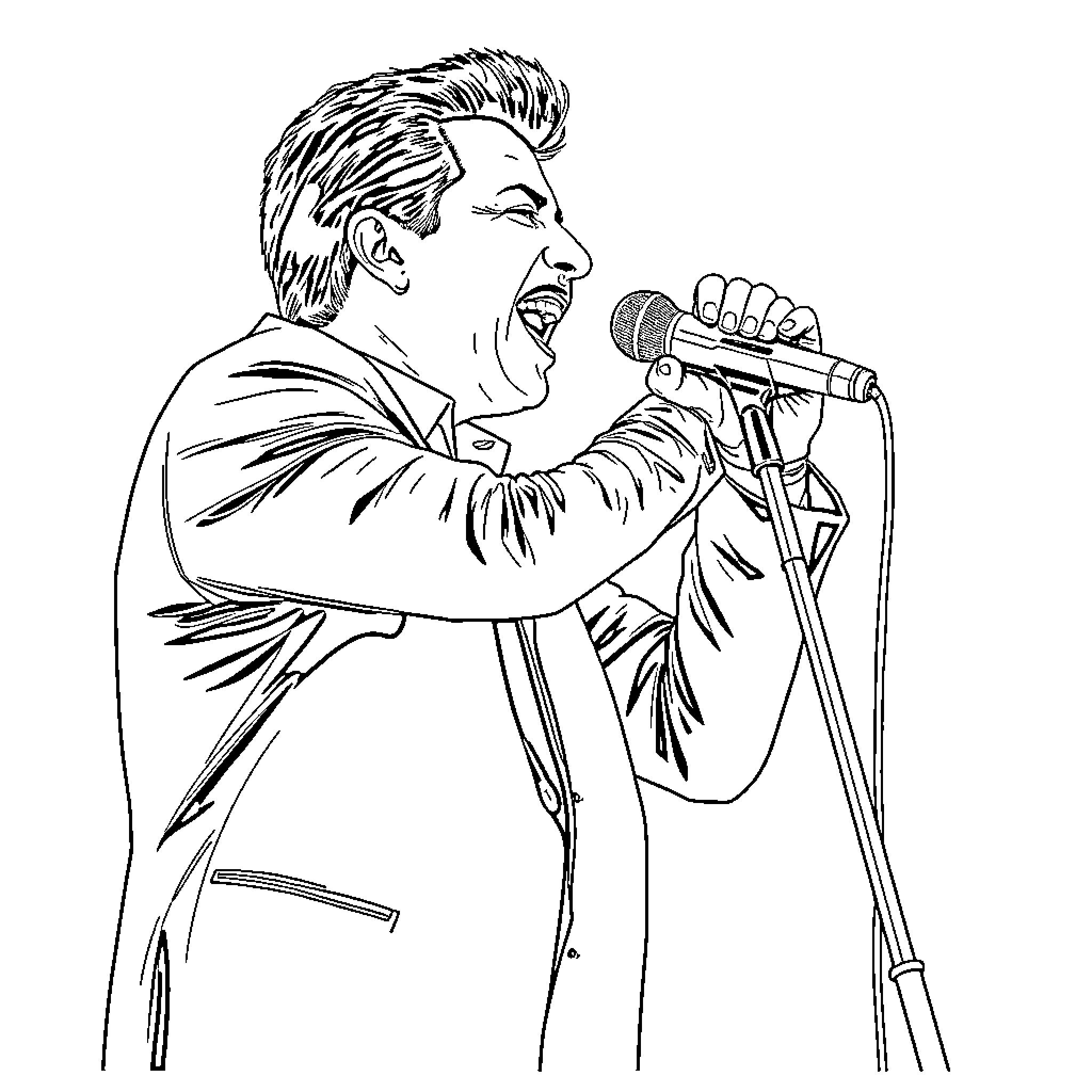 Luis Miguel performing on stage with microphone Coloring Page (free black-and-white line drawing printable PDF for all, from beginners to advanced learners, including children, teens, adults, and seniors)