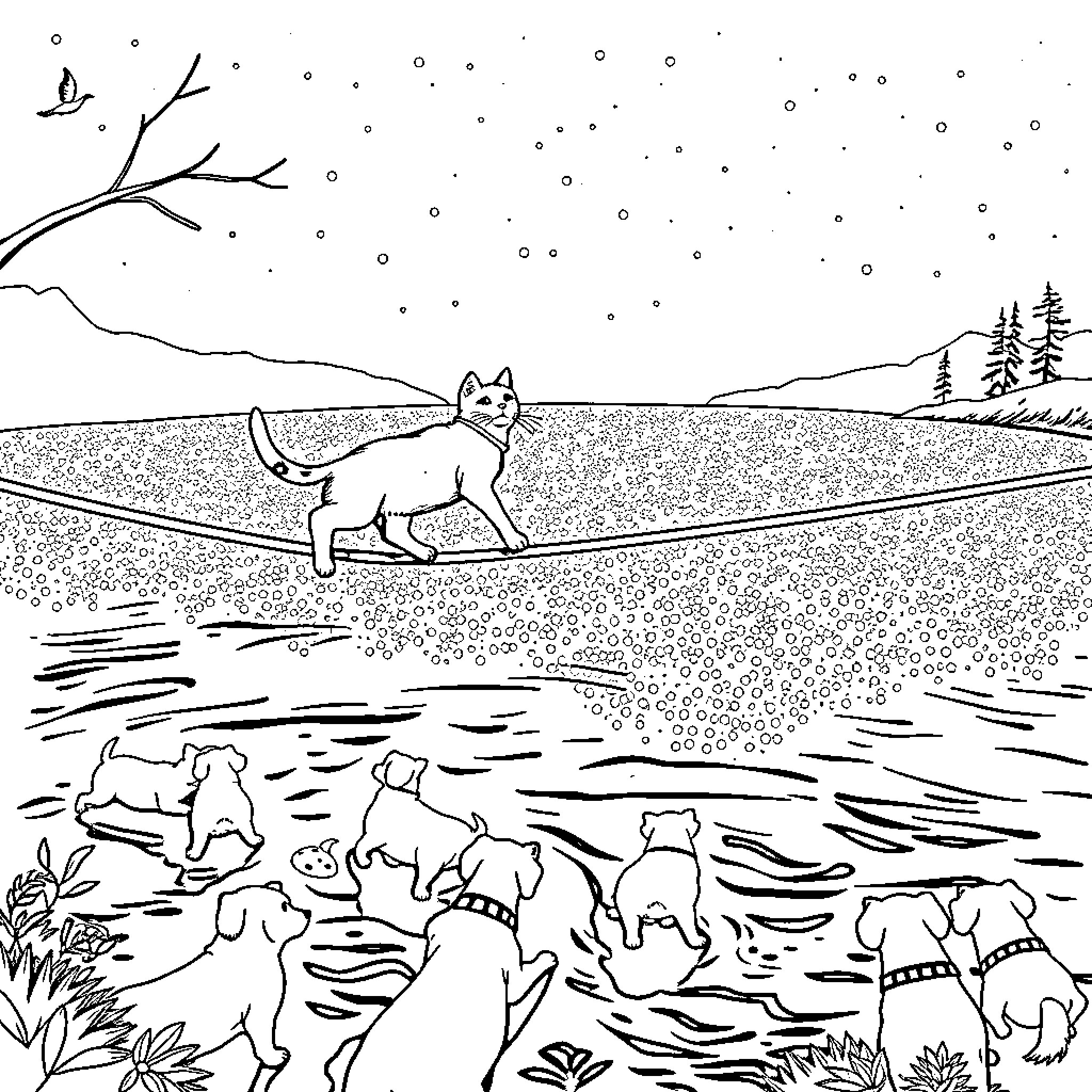 Cat walking on a frozen lake with other cats Coloring Page (free black-and-white line drawing printable PDF for all, from beginners to advanced learners, including children, teens, adults, and seniors)