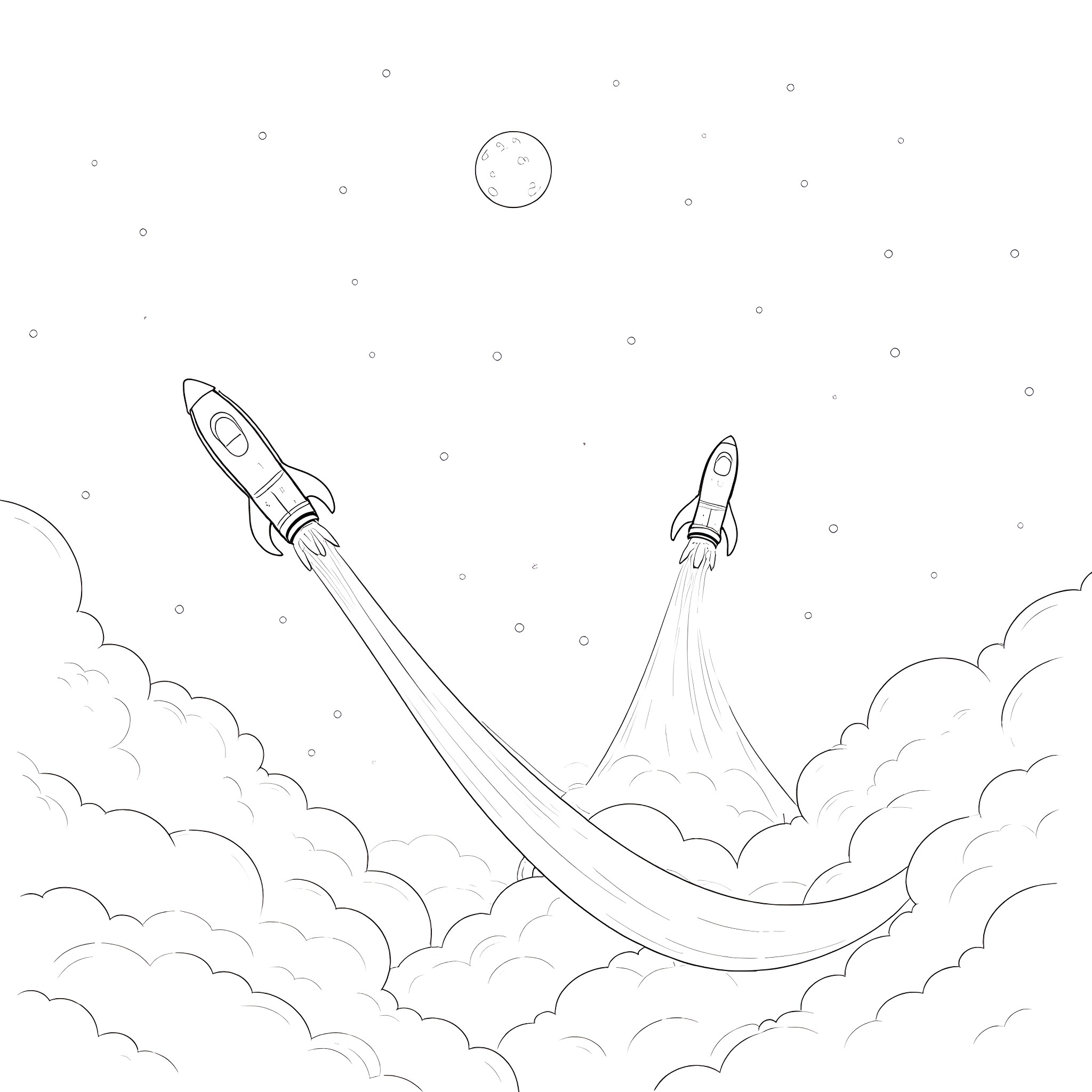 Rocket Ships Launching into Starry Night Sky Coloring Page (free black-and-white line drawing printable PDF for all, from beginners to advanced learners, including children, teens, adults, and seniors)