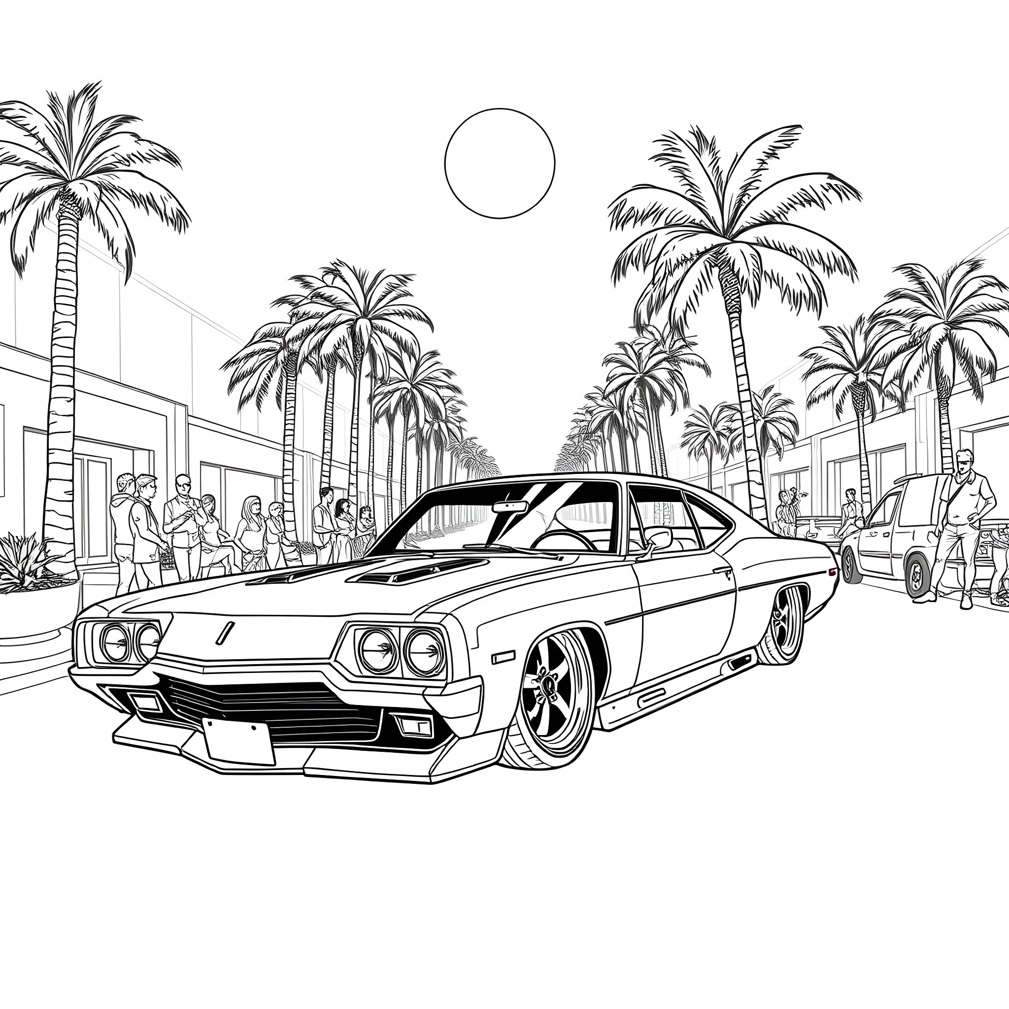 Low Rider Driving Down Palm Tree-Lined Street Coloring Page (free black-and-white line drawing printable PDF for all, from beginners to advanced learners, including children, teens, adults, and seniors)
