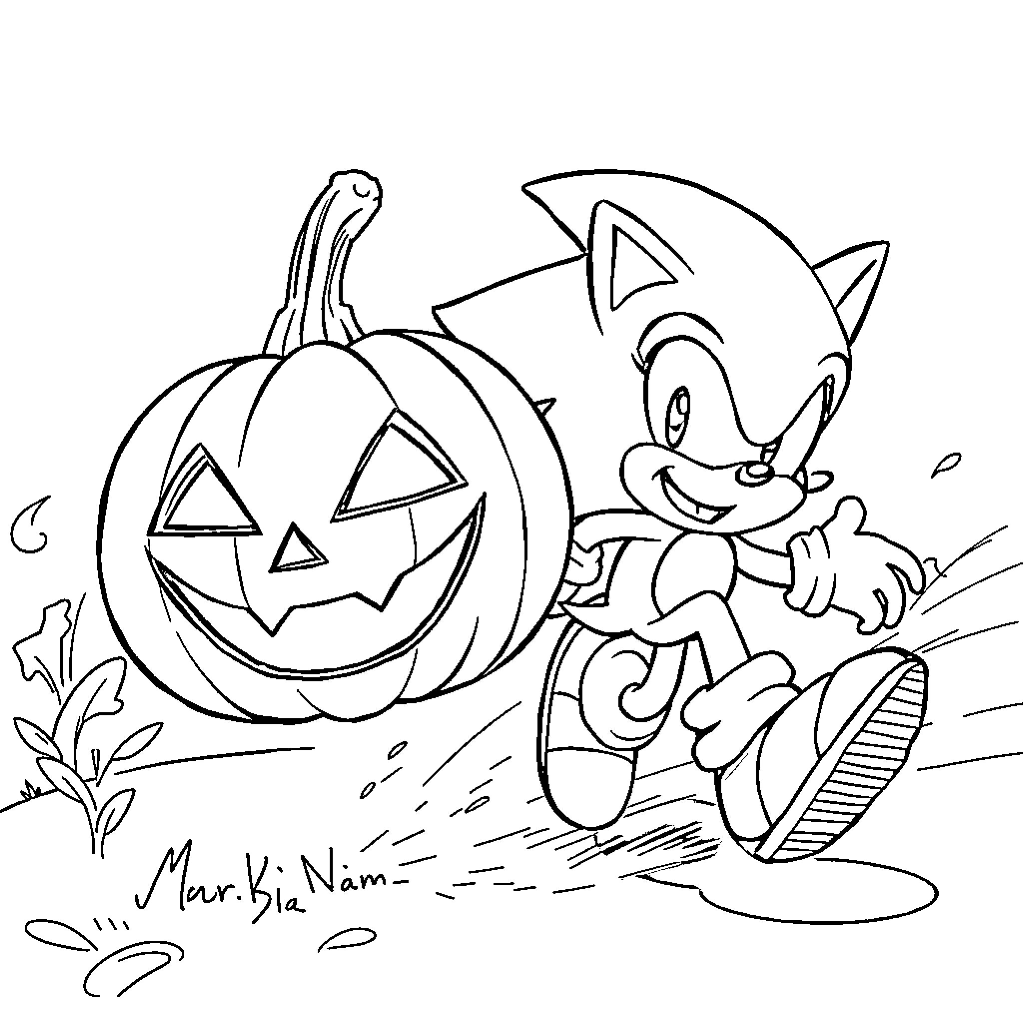 Jack-o'-lantern and Sonic the Hedgehog in Halloween scene Coloring Page (free black-and-white line drawing printable PDF for all, from beginners to advanced learners, including children, teens, adults, and seniors)