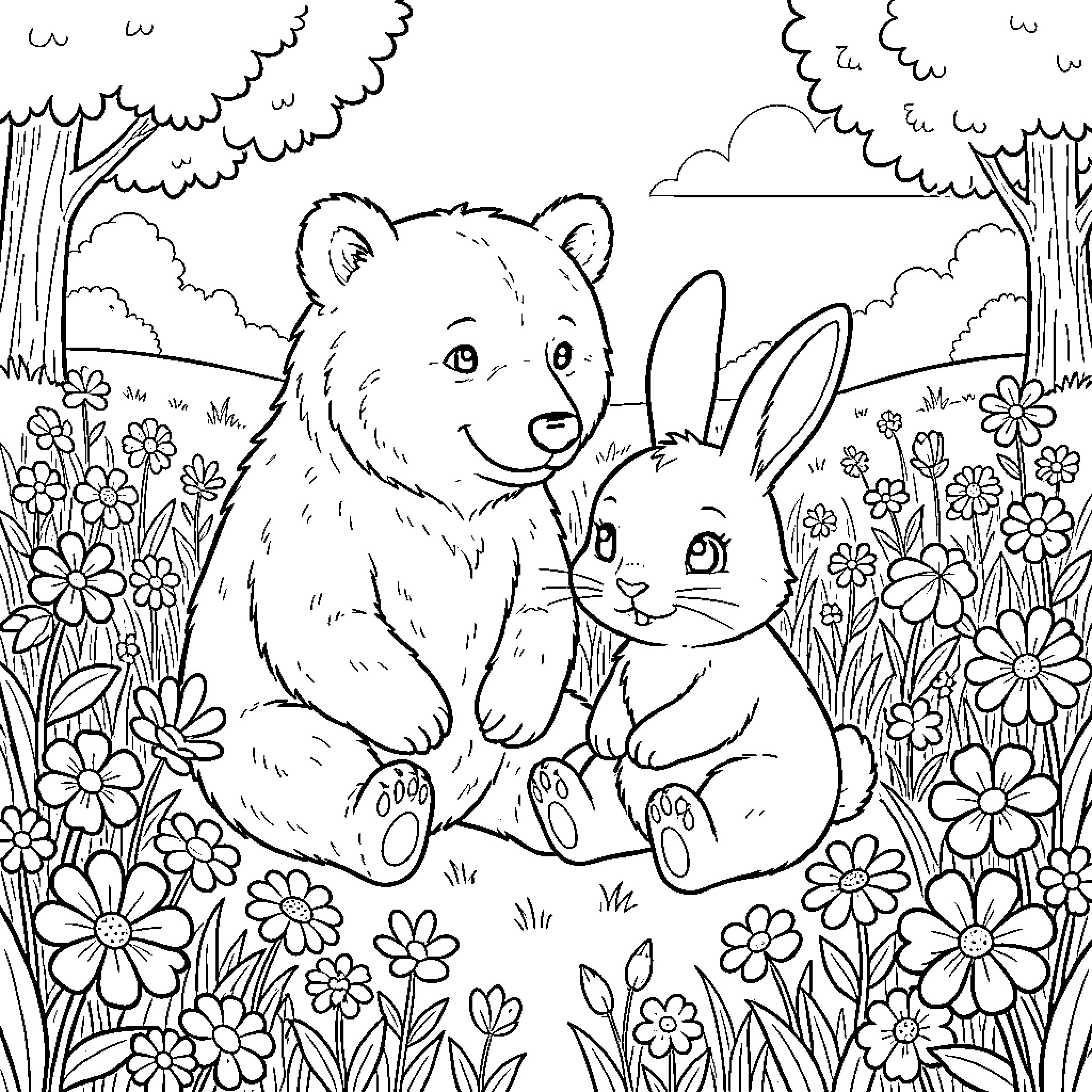 Bear and Bunny Friends in the Flowery Forest Coloring Page (free black-and-white line drawing printable PDF for all, from beginners to advanced learners, including children, teens, adults, and seniors)