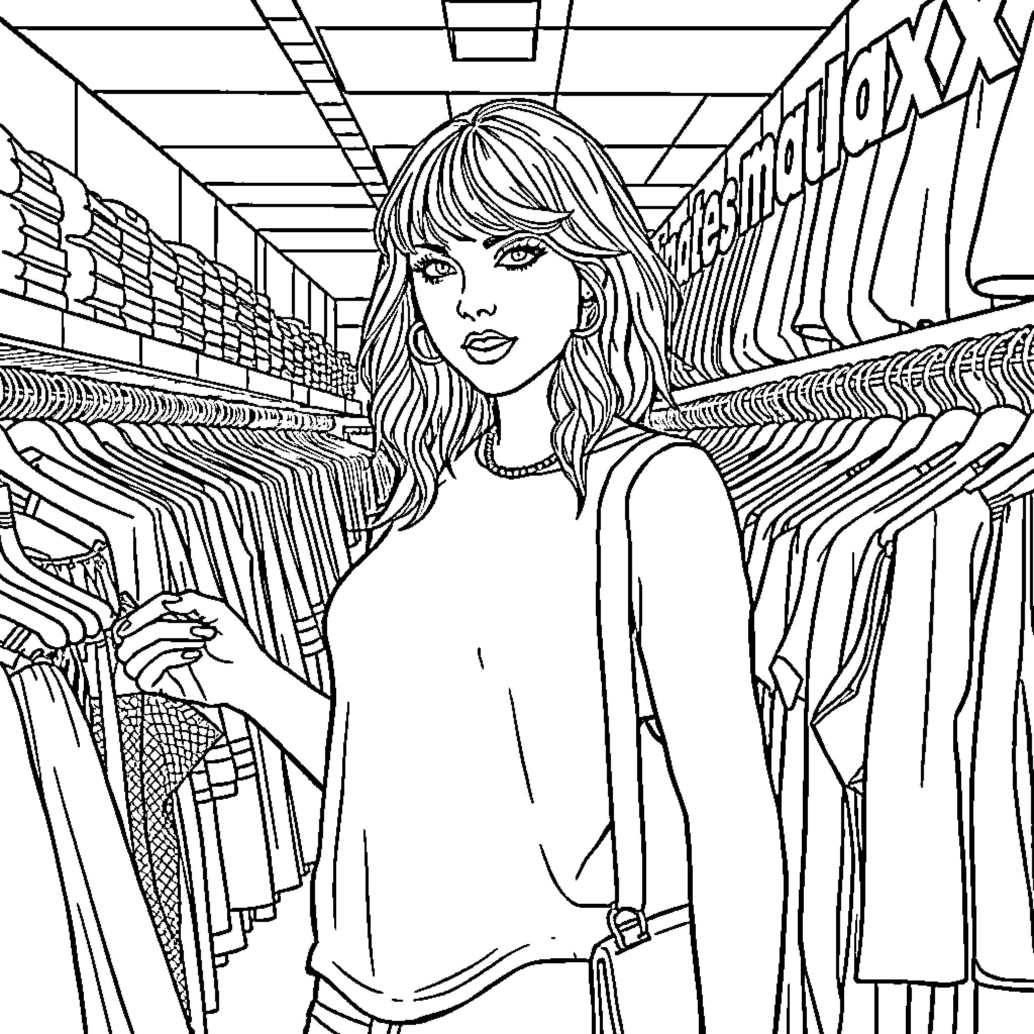 Taylor Swift browsing through fashion rack Coloring Page (free black-and-white line drawing printable PDF for all, from beginners to advanced learners, including children, teens, adults, and seniors)