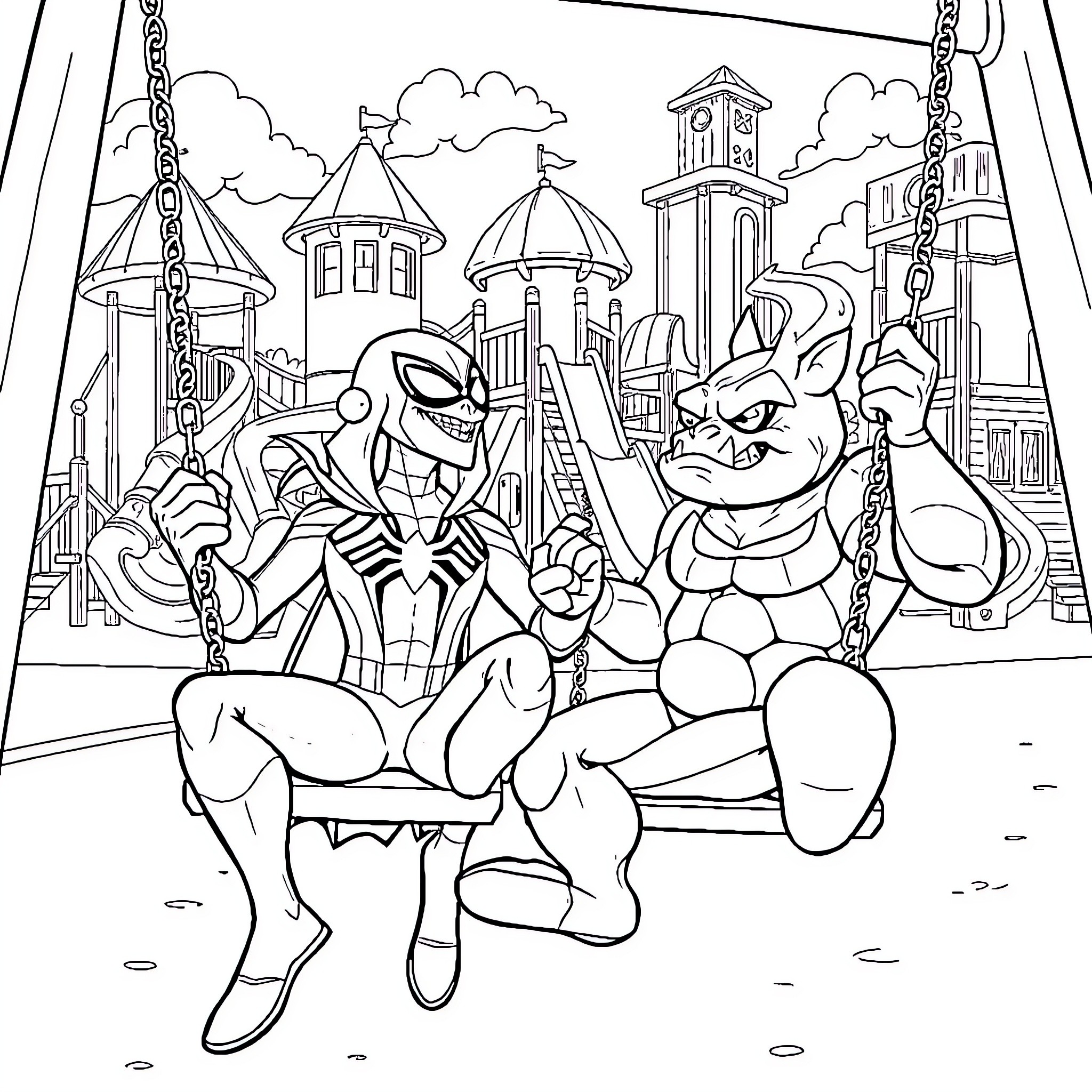 Green Goblin and Piggy Villain Battle in Cityscape Coloring Page (free black-and-white line drawing printable PDF for all, from beginners to advanced learners, including children, teens, adults, and seniors)