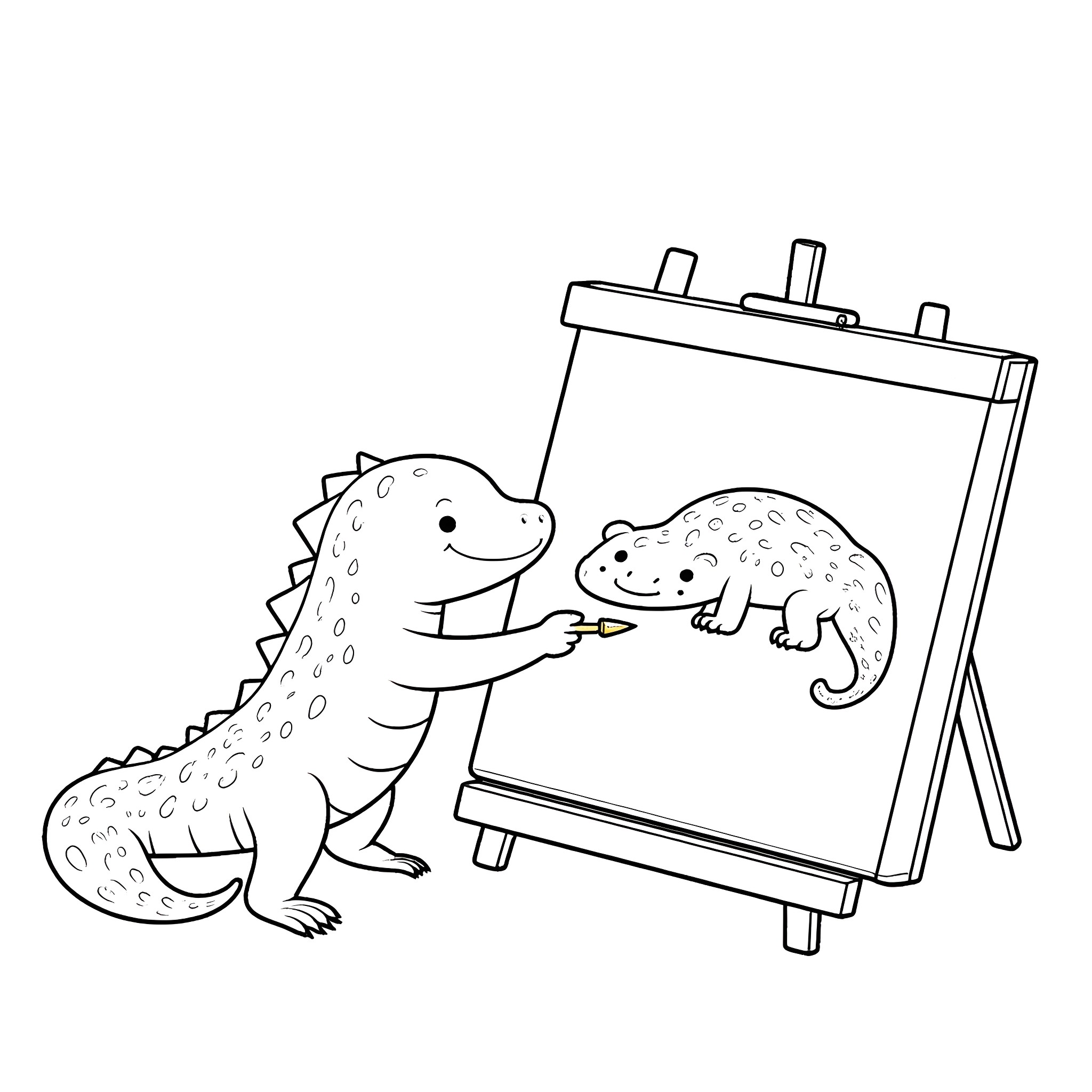 Axolotl painting a picture of a colorful companion Coloring Page (free black-and-white line drawing printable PDF for all, from beginners to advanced learners, including children, teens, adults, and seniors)