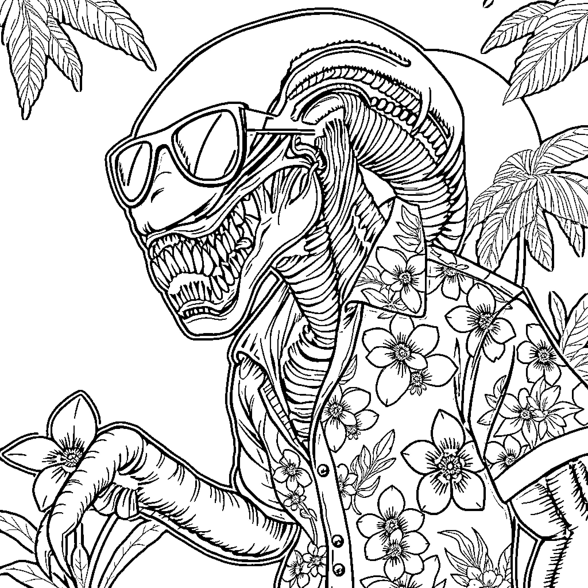 Xenomorph exploring a lush, floral environment Coloring Page (free black-and-white line drawing printable PDF for all, from beginners to advanced learners, including children, teens, adults, and seniors)