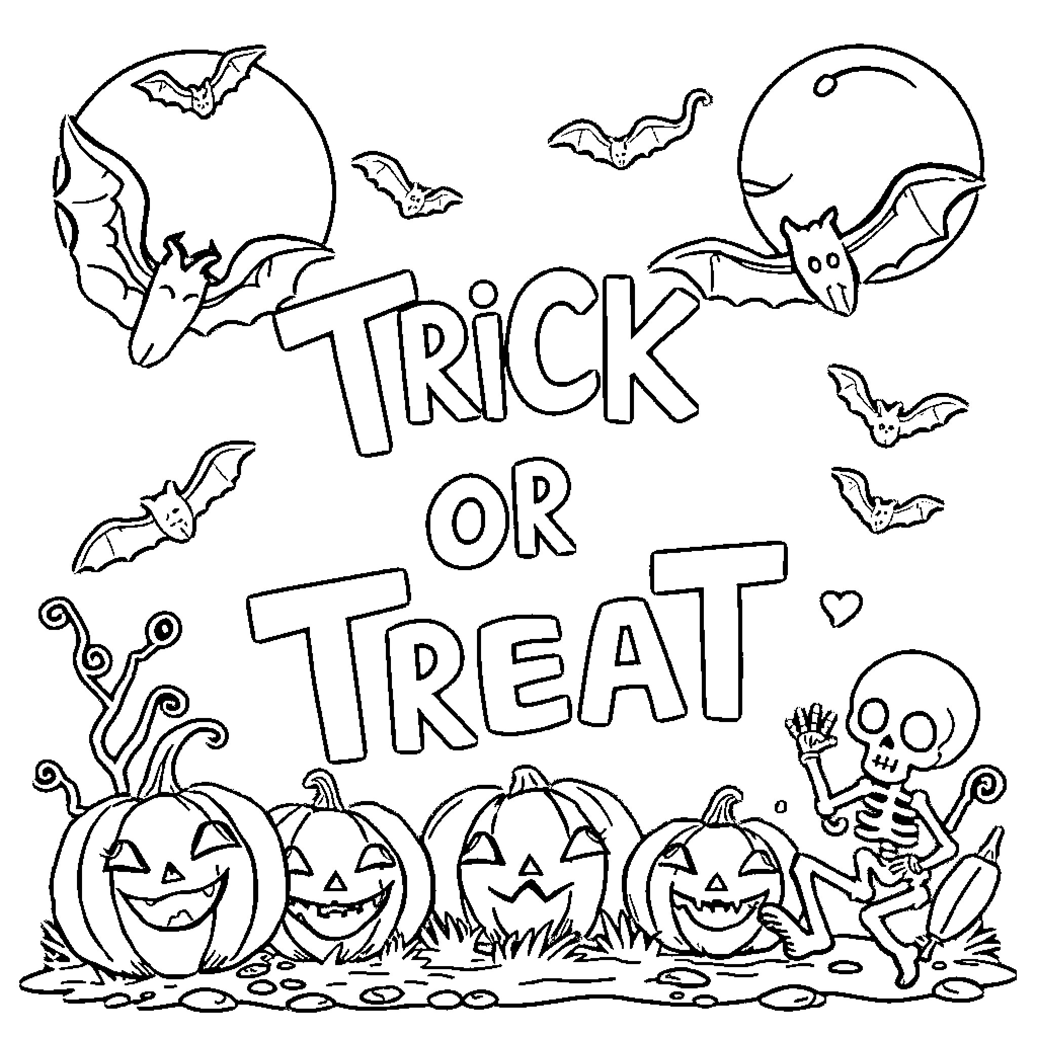 Halloween trick or treat with pumpkins and spooky elements Coloring Page (free black-and-white line drawing printable PDF for all, from beginners to advanced learners, including children, teens, adults, and seniors)