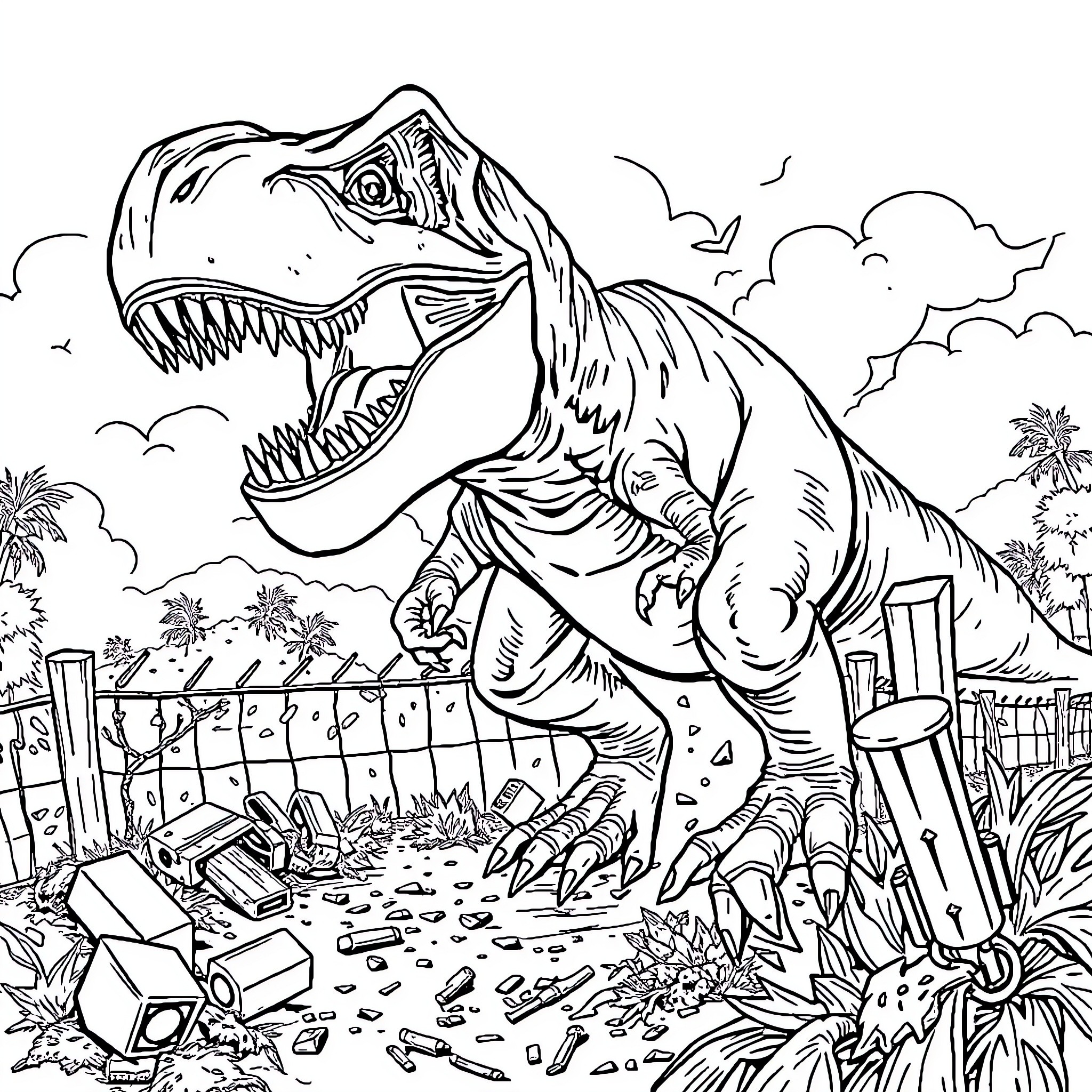 T-Rex Rampaging Through Ruins in Tropical Landscape Coloring Page (free black-and-white line drawing printable PDF for all, from beginners to advanced learners, including children, teens, adults, and seniors)
