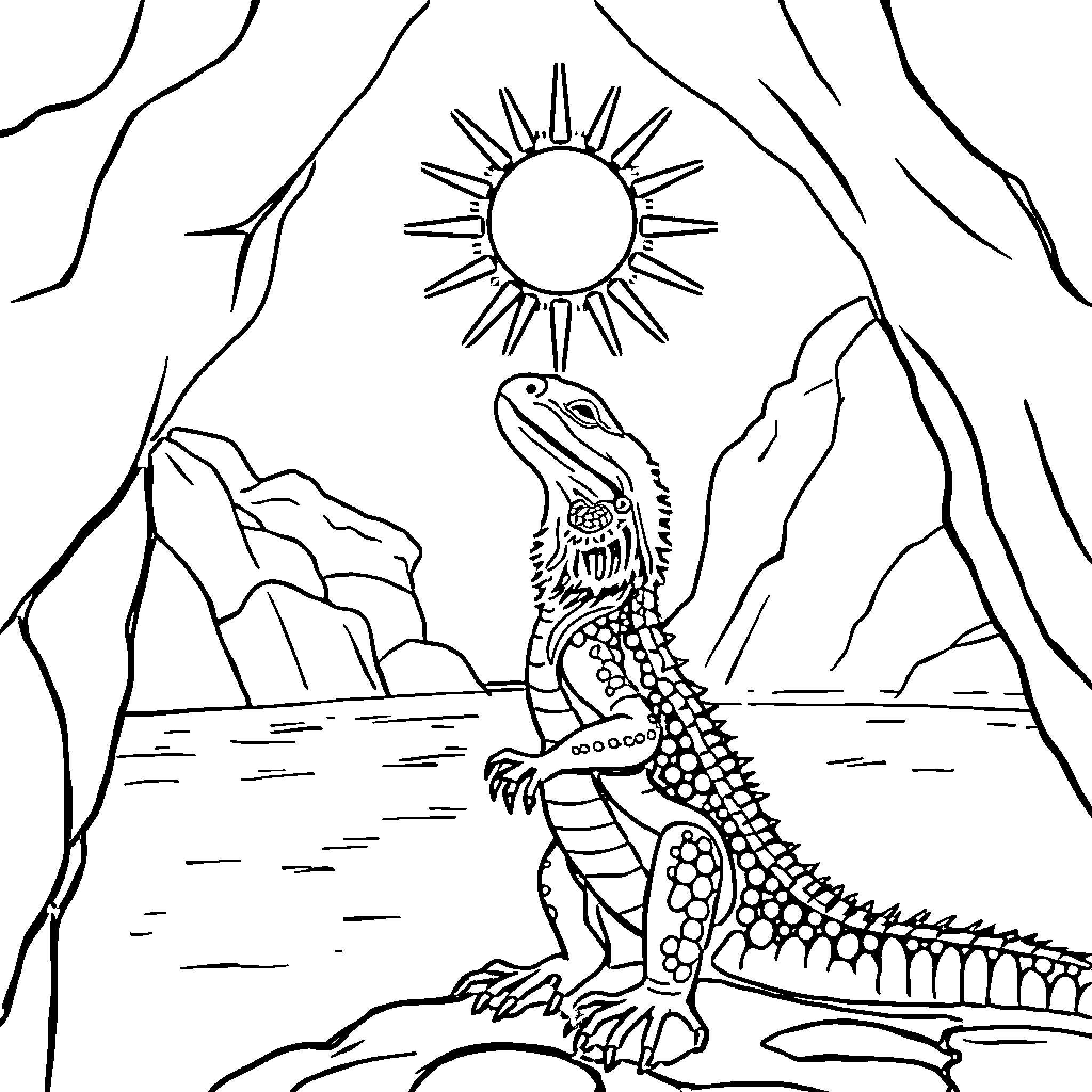 Lizard basking in the sun by the mountains Coloring Page (free black-and-white line drawing printable PDF for all, from beginners to advanced learners, including children, teens, adults, and seniors)