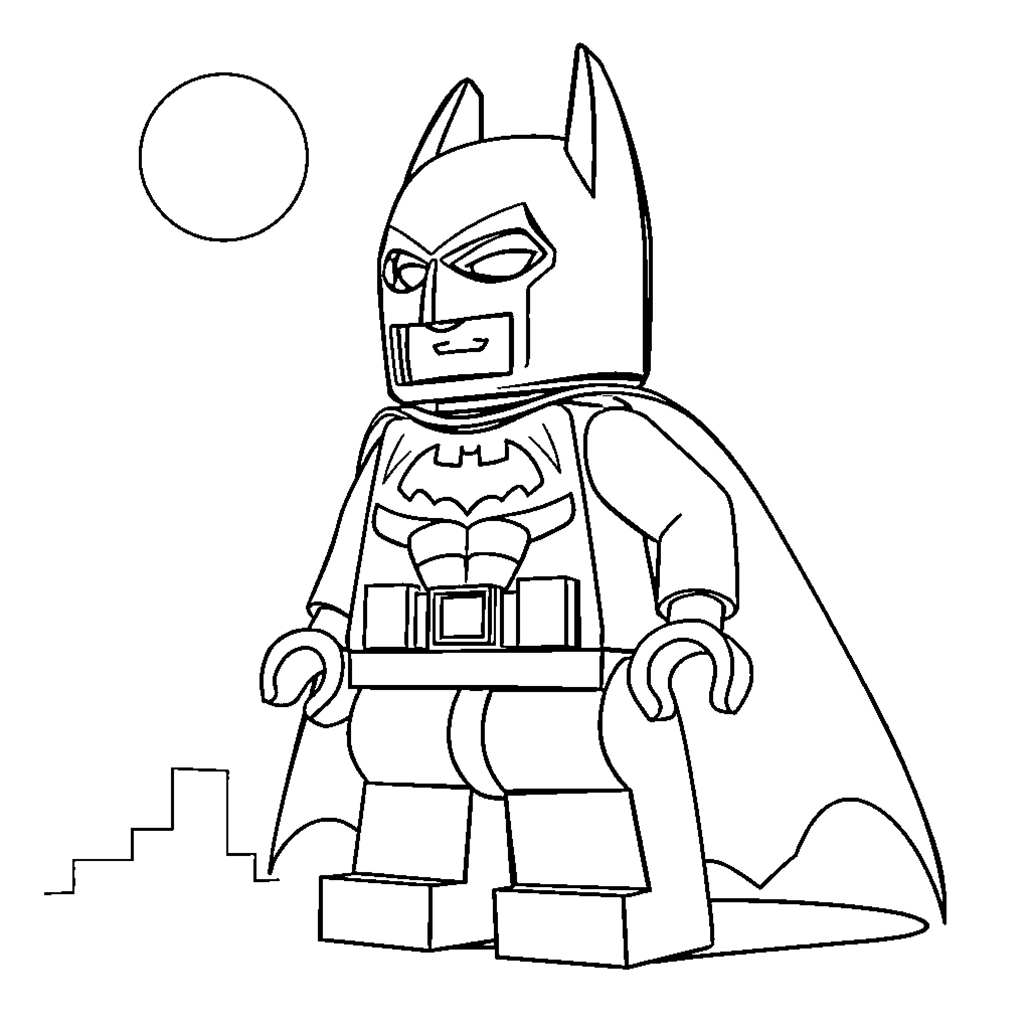 Lego Batman standing heroically in the city Coloring Page (free black-and-white line drawing printable PDF for all, from beginners to advanced learners, including children, teens, adults, and seniors)