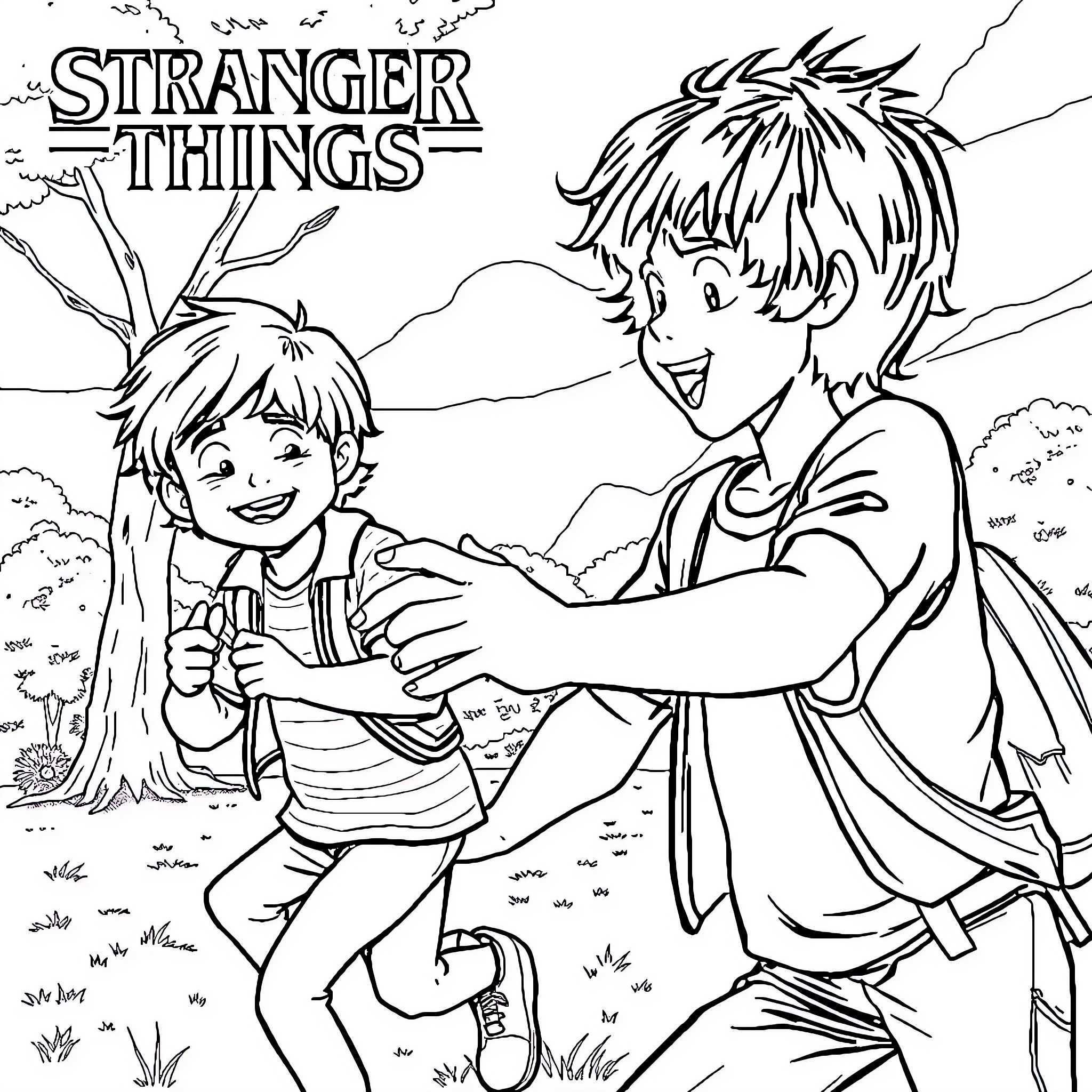 Stranger Things Friends Playing in the Woods Coloring Page (free black-and-white line drawing printable PDF for all, from beginners to advanced learners, including children, teens, adults, and seniors)