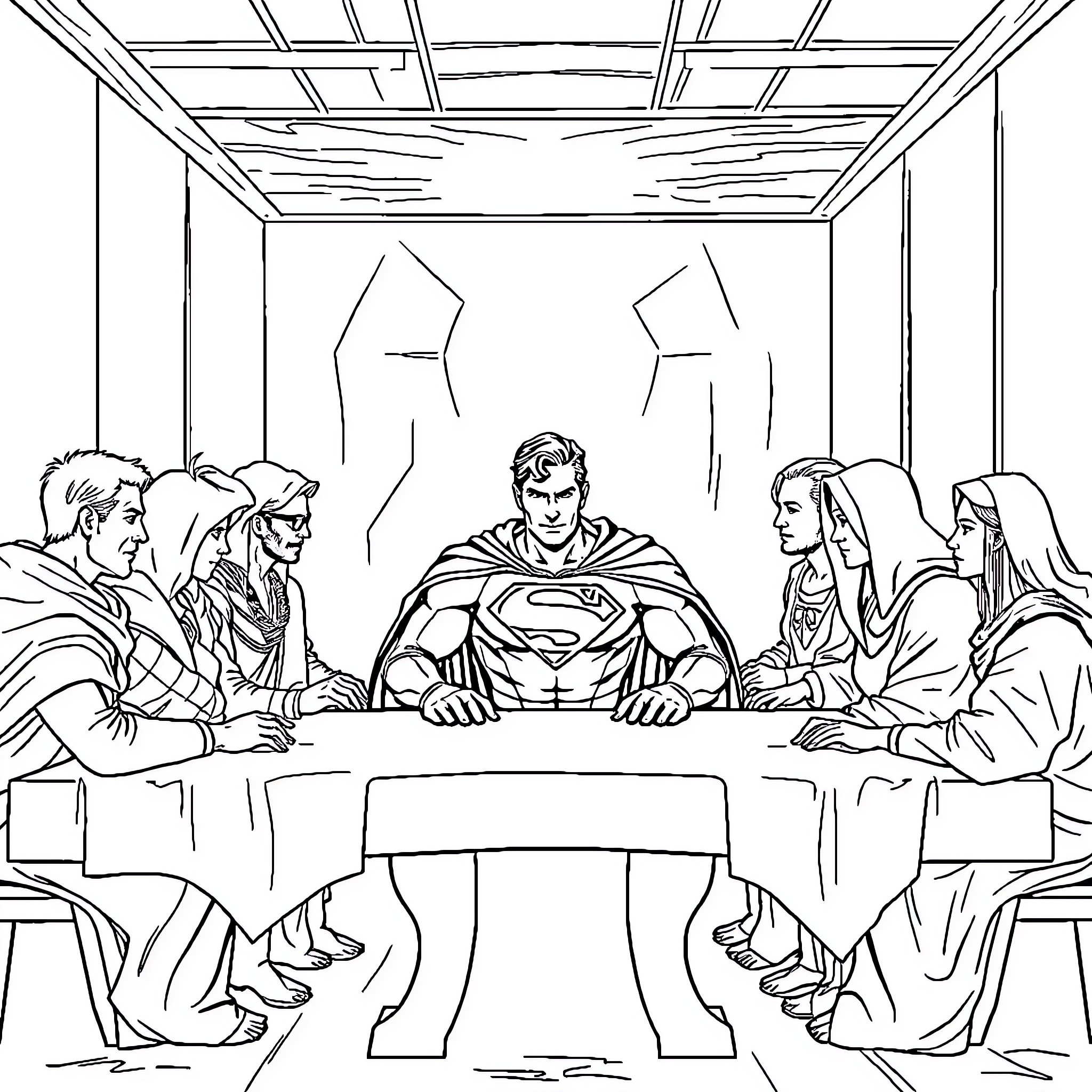 Superman's Gathering with Team at Dinner Table Coloring Page (free black-and-white line drawing printable PDF for all, from beginners to advanced learners, including children, teens, adults, and seniors)