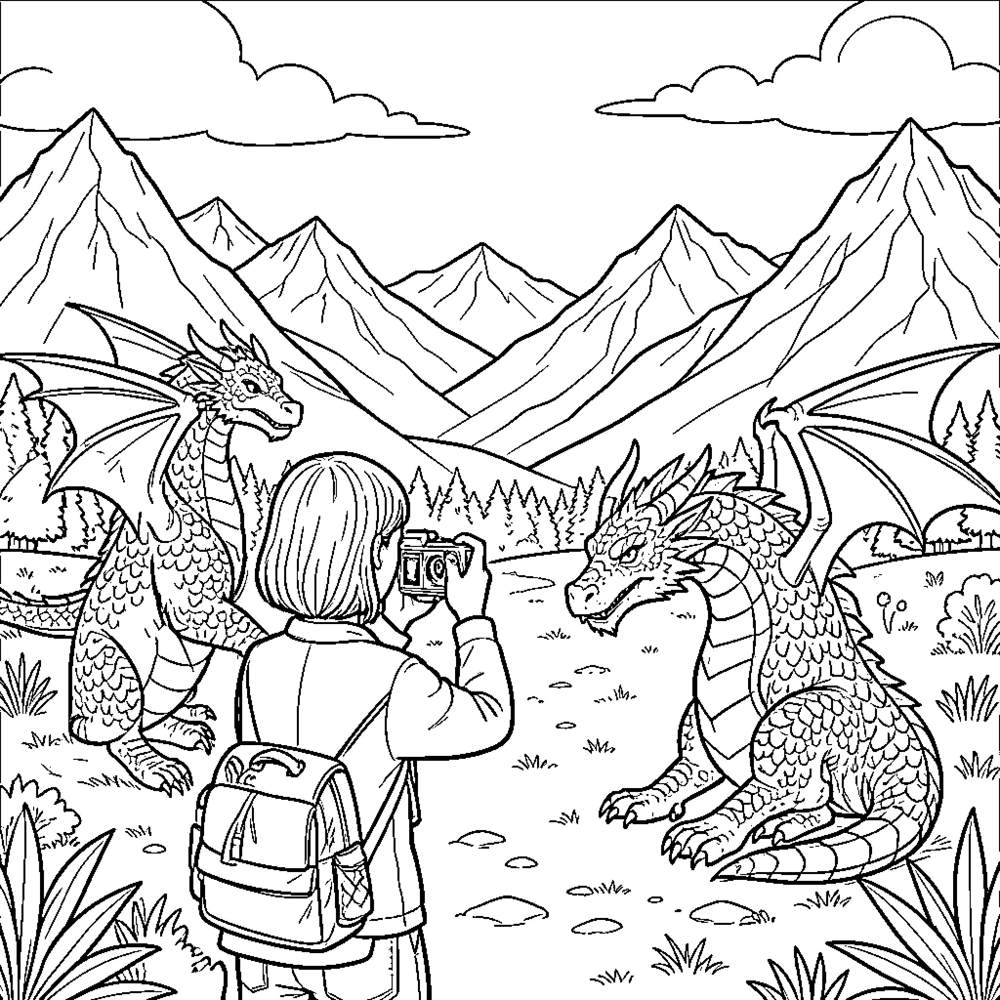 Fotógrafa capturing the majestic dragons in the rugged landscape Coloring Page (free black-and-white line drawing printable PDF for all, from beginners to advanced learners, including children, teens, adults, and seniors)