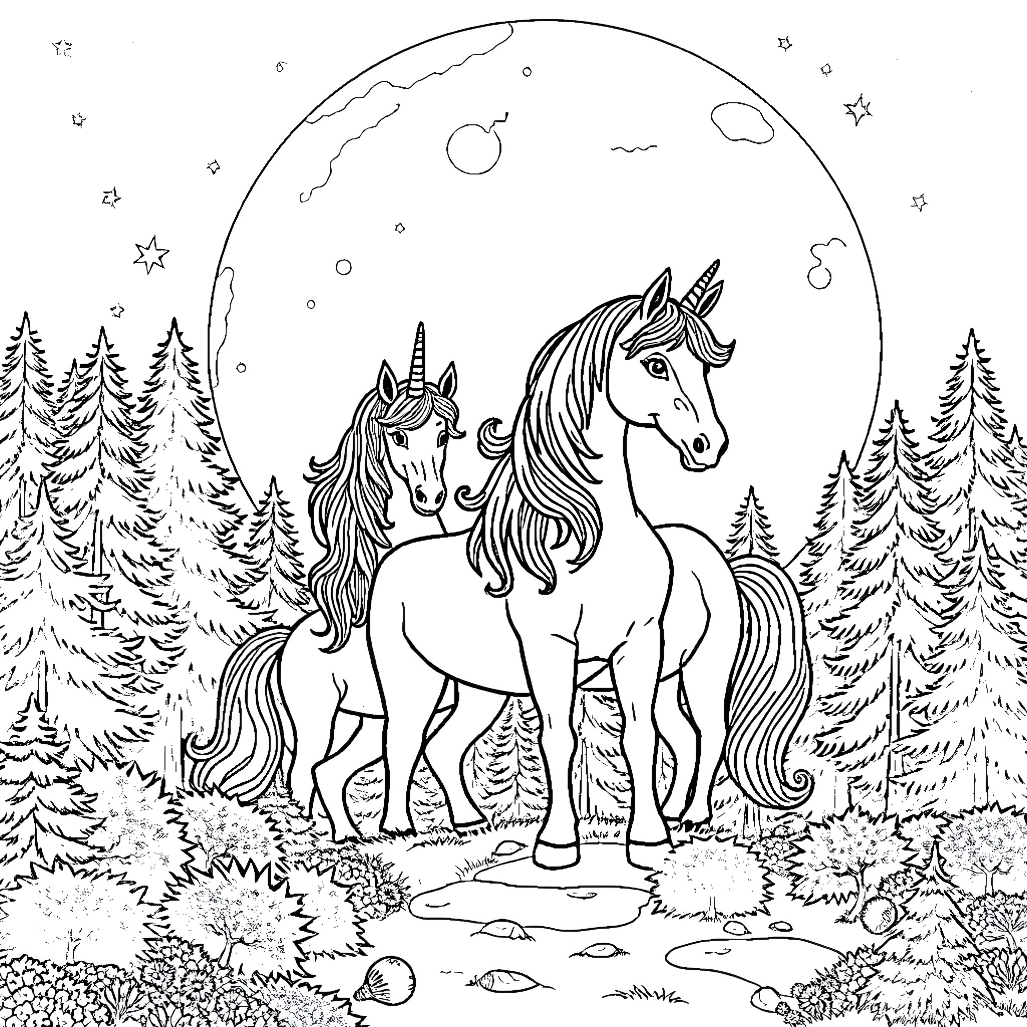 Unicorn Strolling Amongst the Enchanted Forest Coloring Page (free black-and-white line drawing printable PDF for all, from beginners to advanced learners, including children, teens, adults, and seniors)
