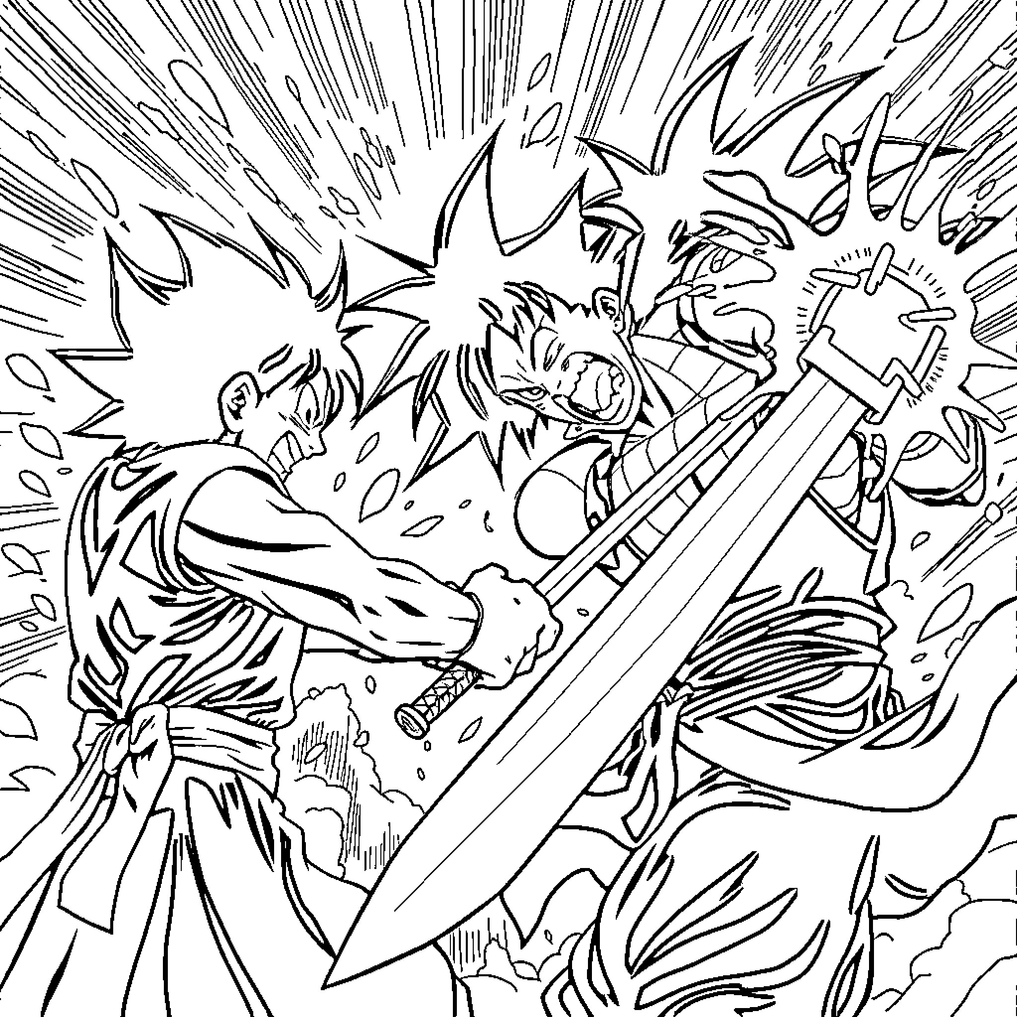 Zoro's Intense Sword Battle Clash Coloring Page (free black-and-white line drawing printable PDF for all, from beginners to advanced learners, including children, teens, adults, and seniors)