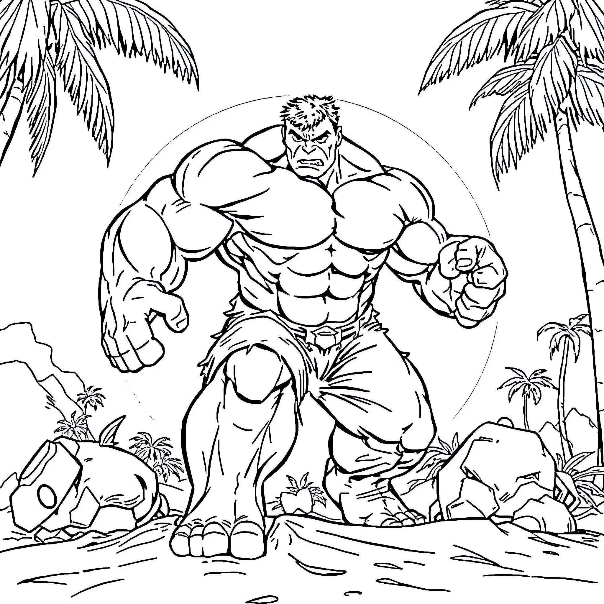 Hulk Unleashed in Tropical Landscape Coloring Page (free black-and-white line drawing printable PDF for all, from beginners to advanced learners, including children, teens, adults, and seniors)