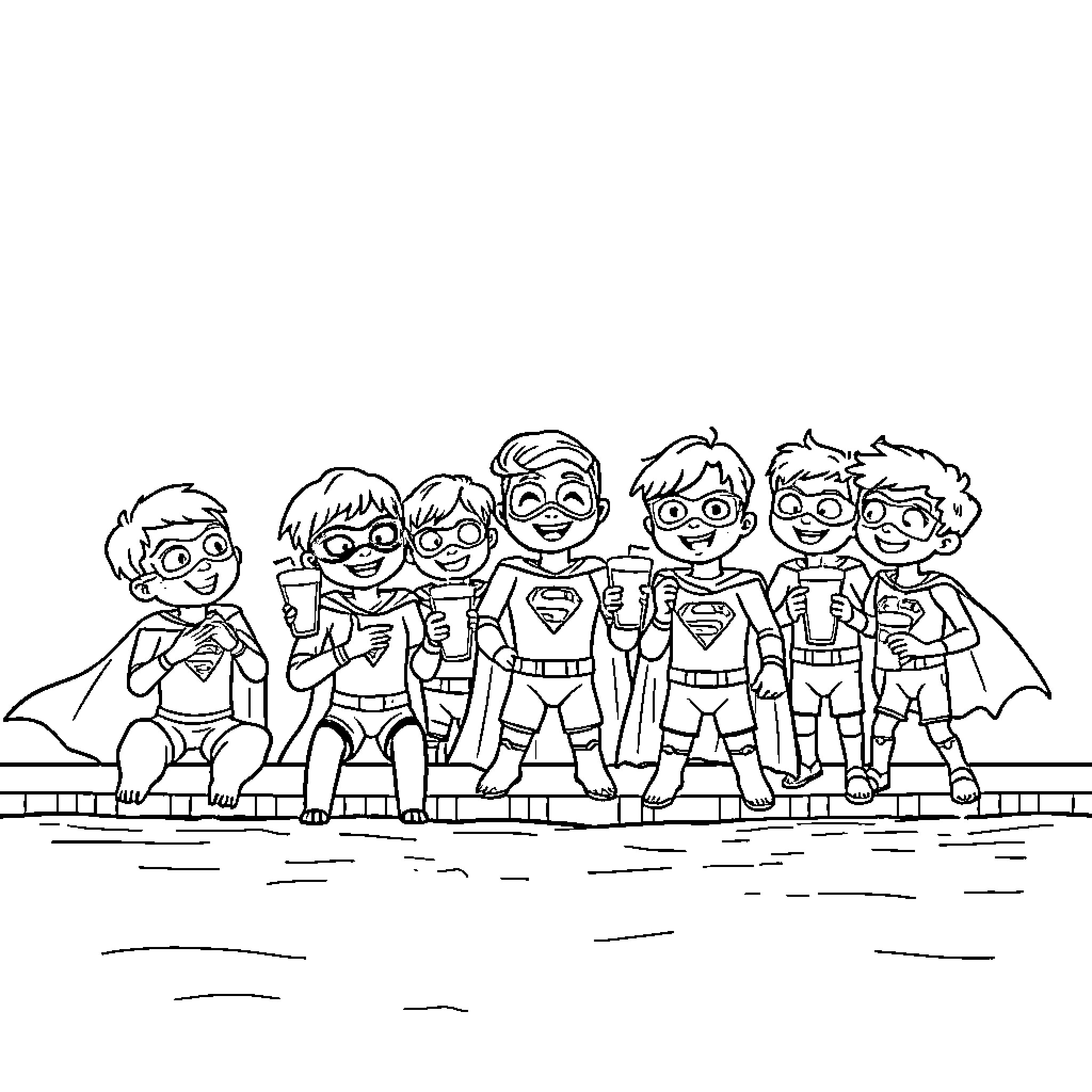 Kid superheroes posing together Coloring Page (free black-and-white line drawing printable PDF for all, from beginners to advanced learners, including children, teens, adults, and seniors)