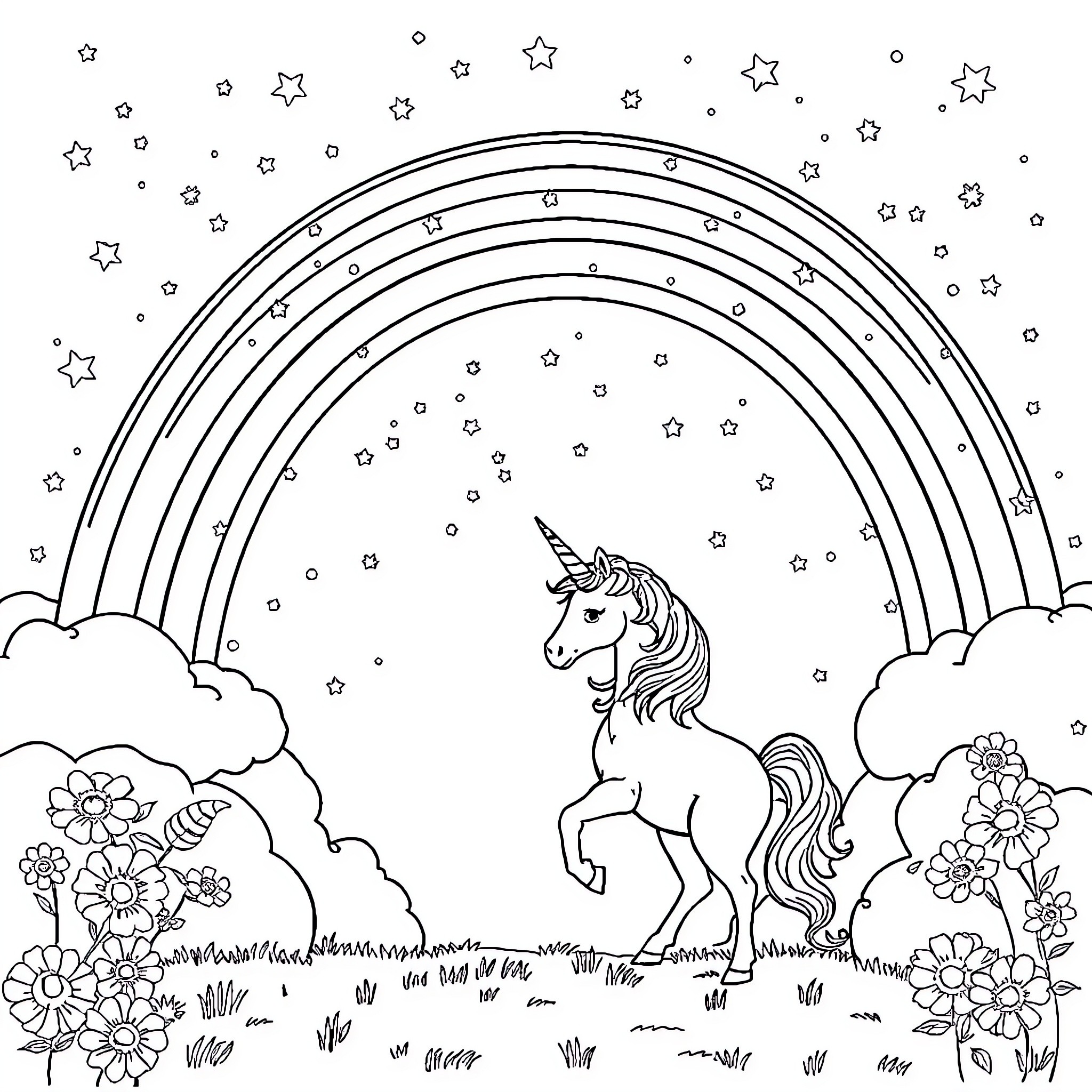 Unicorn standing amidst flowers and rainbows Coloring Page (free black-and-white line drawing printable PDF for all, from beginners to advanced learners, including children, teens, adults, and seniors)