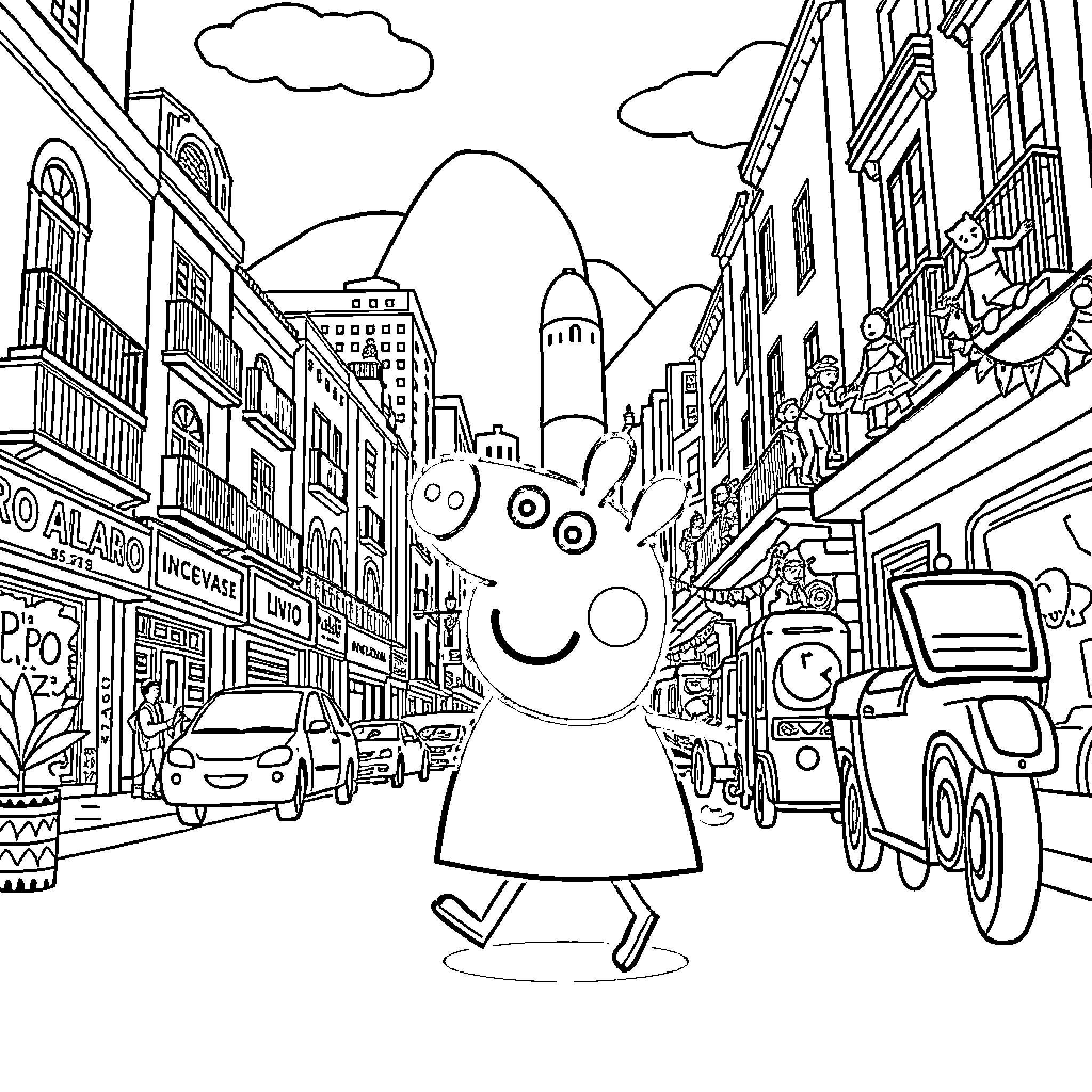 Peppa Pig explores the bustling city streets Coloring Page (free black-and-white line drawing printable PDF for all, from beginners to advanced learners, including children, teens, adults, and seniors)