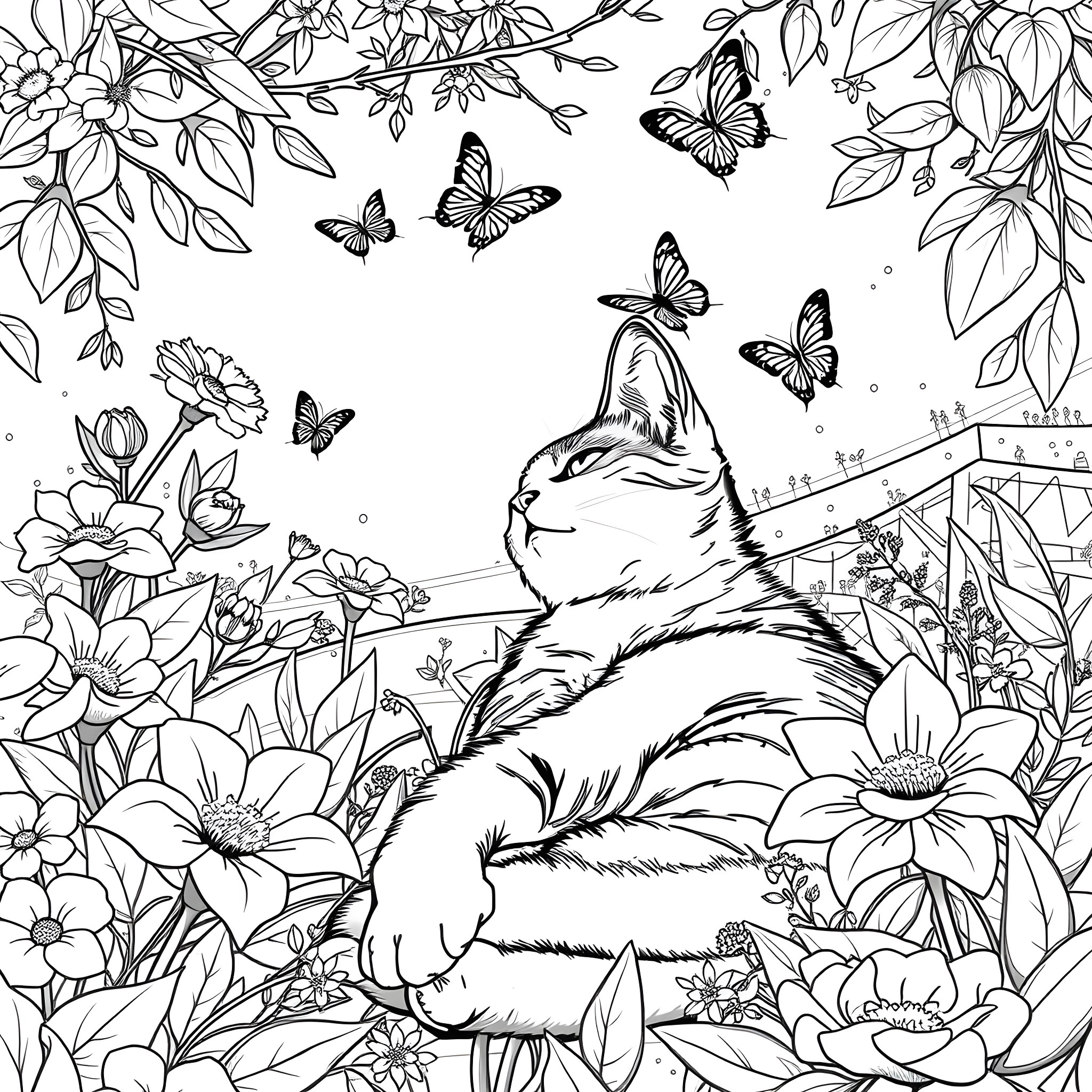 Calico Cat enjoying the floral garden Coloring Page (free black-and-white line drawing printable PDF for all, from beginners to advanced learners, including children, teens, adults, and seniors)