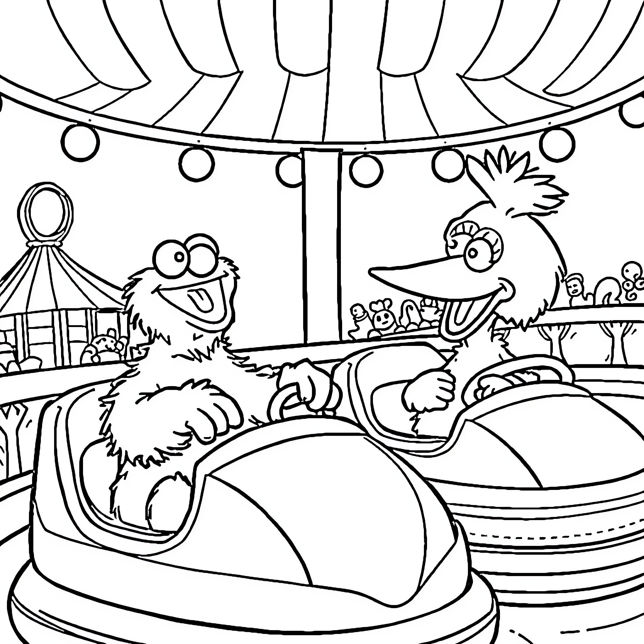 Bird-like creatures enjoying amusement park rides Coloring Page (free black-and-white line drawing printable PDF for all, from beginners to advanced learners, including children, teens, adults, and seniors)