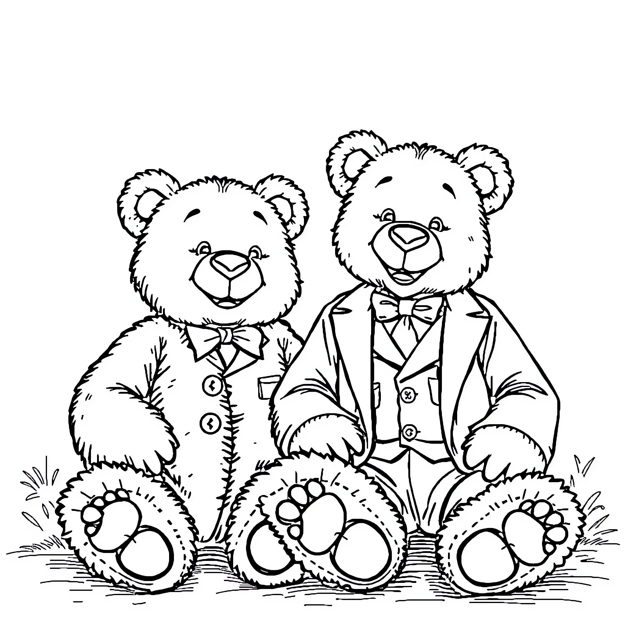 Teddy Bears Dressed in Formal Attire Coloring Page (free black-and-white line drawing printable PDF for all, from beginners to advanced learners, including children, teens, adults, and seniors)