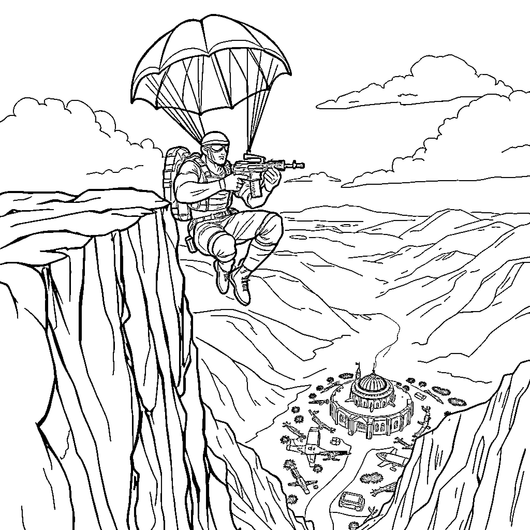 Solid Snake parachuting down for a stealth mission Coloring Page (free black-and-white line drawing printable PDF for all, from beginners to advanced learners, including children, teens, adults, and seniors)