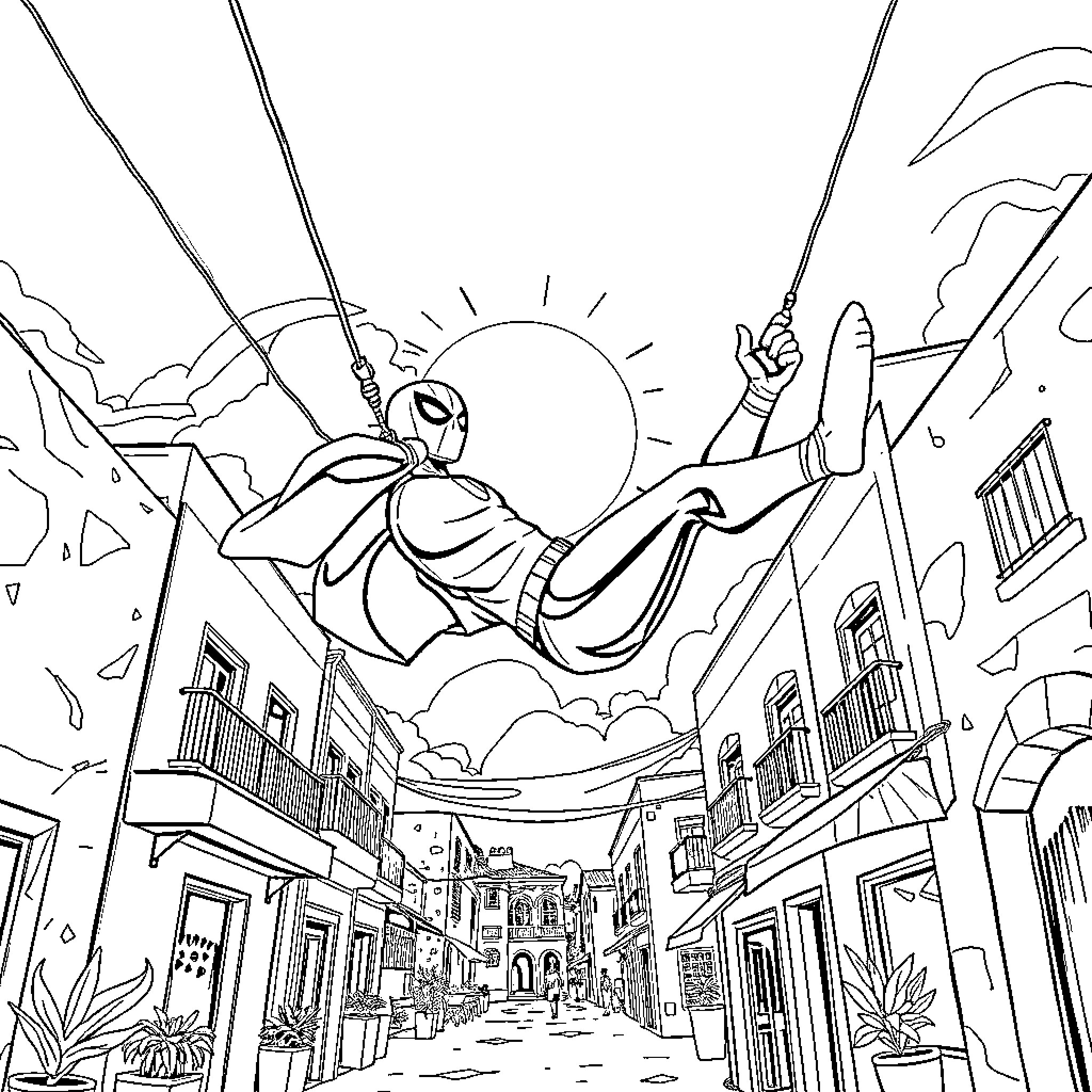 Spiterman swinging through the city skyline Coloring Page (free black-and-white line drawing printable PDF for all, from beginners to advanced learners, including children, teens, adults, and seniors)