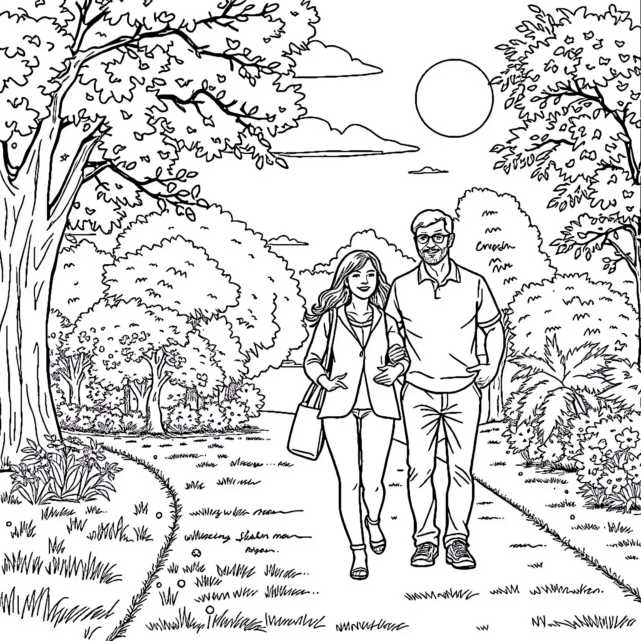 Family enjoying a peaceful stroll in nature Coloring Page (free black-and-white line drawing printable PDF for all, from beginners to advanced learners, including children, teens, adults, and seniors)
