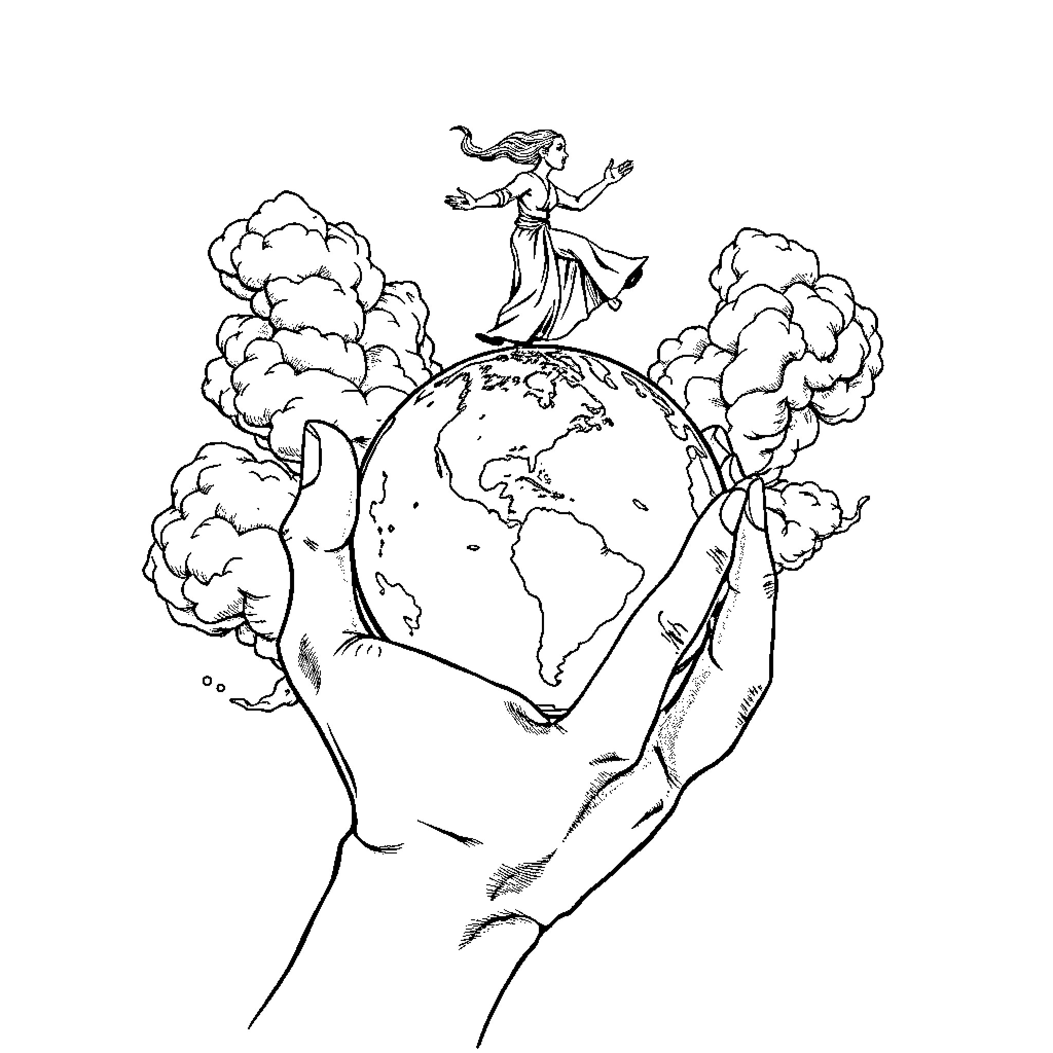 Hand holding Earth with dancing figure Coloring Page (free black-and-white line drawing printable PDF for all, from beginners to advanced learners, including children, teens, adults, and seniors)
