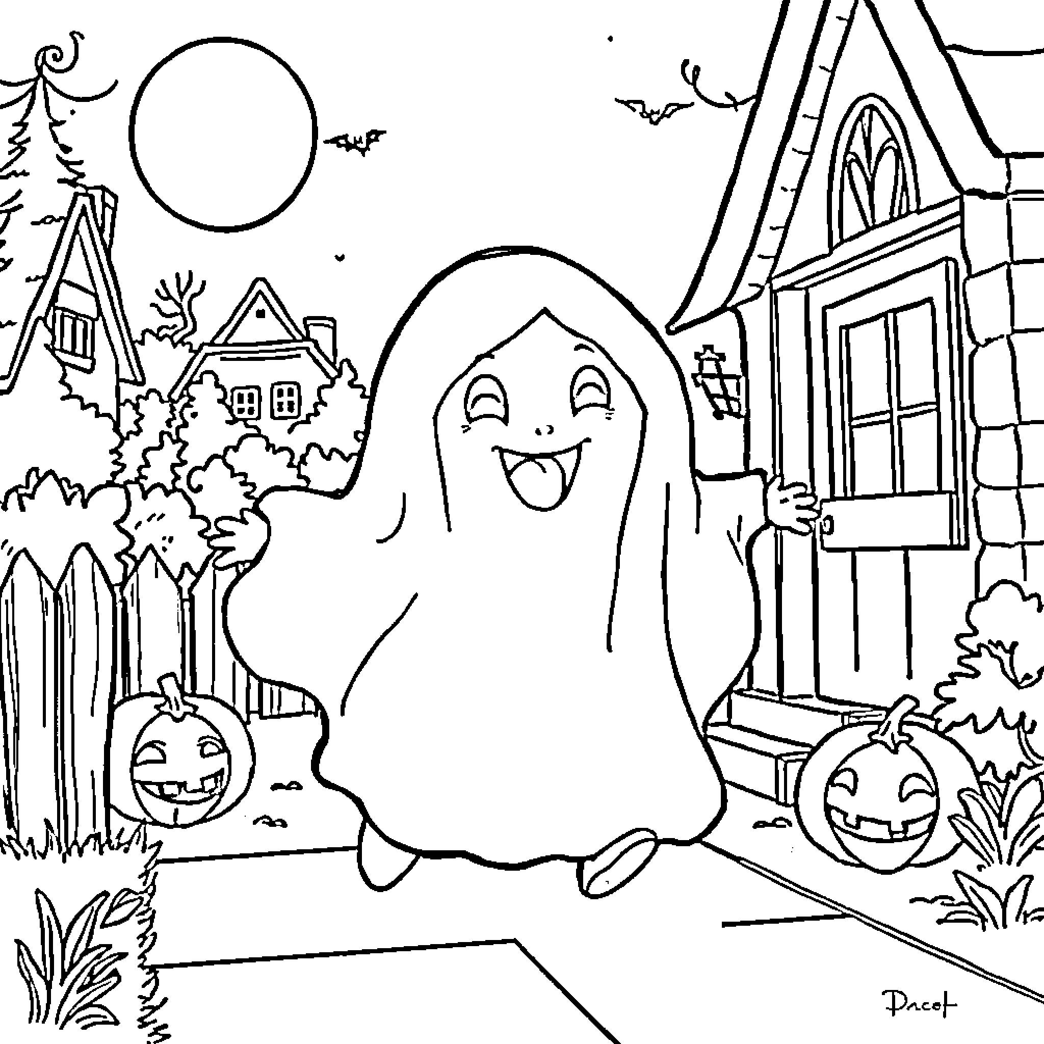 Ghost in a Spooky Autumn Night Scene Coloring Page (free black-and-white line drawing printable PDF for all, from beginners to advanced learners, including children, teens, adults, and seniors)