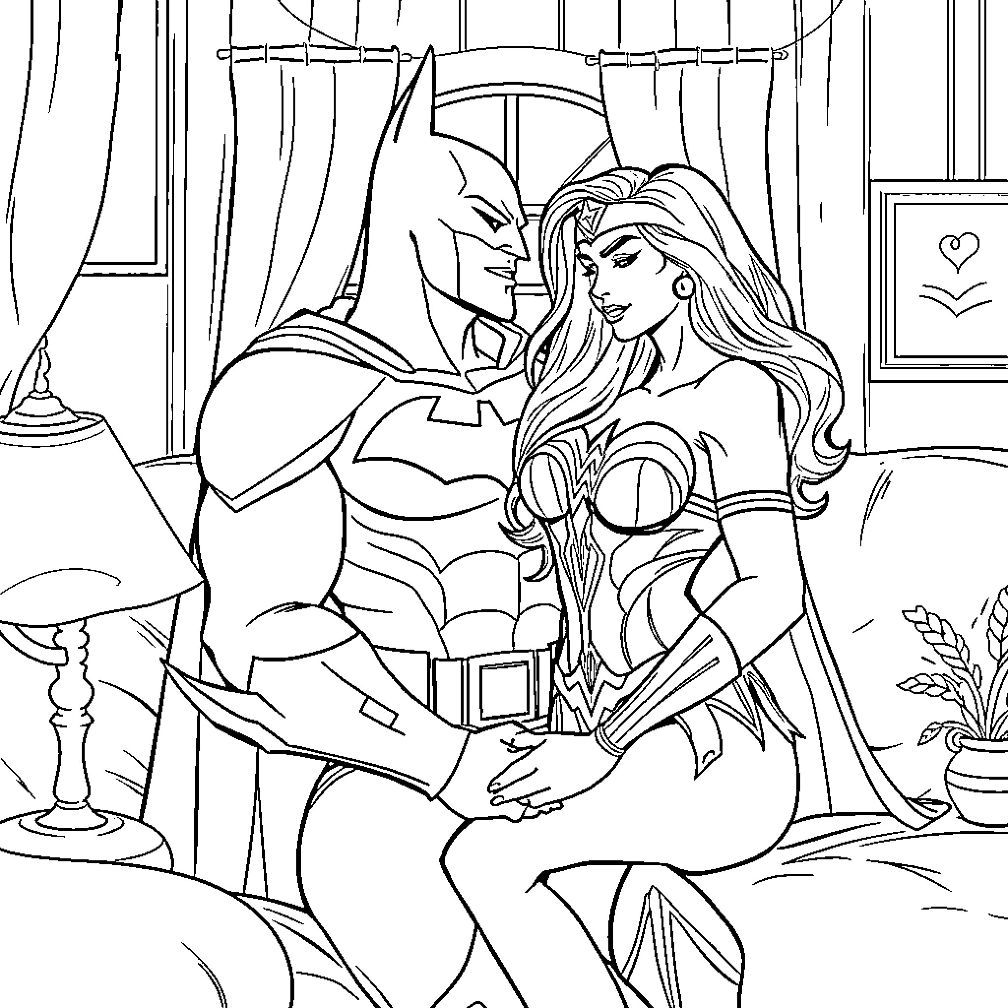 Batman and Wonder Woman in Romantic Scene Coloring Page (free black-and-white line drawing printable PDF for all, from beginners to advanced learners, including children, teens, adults, and seniors)