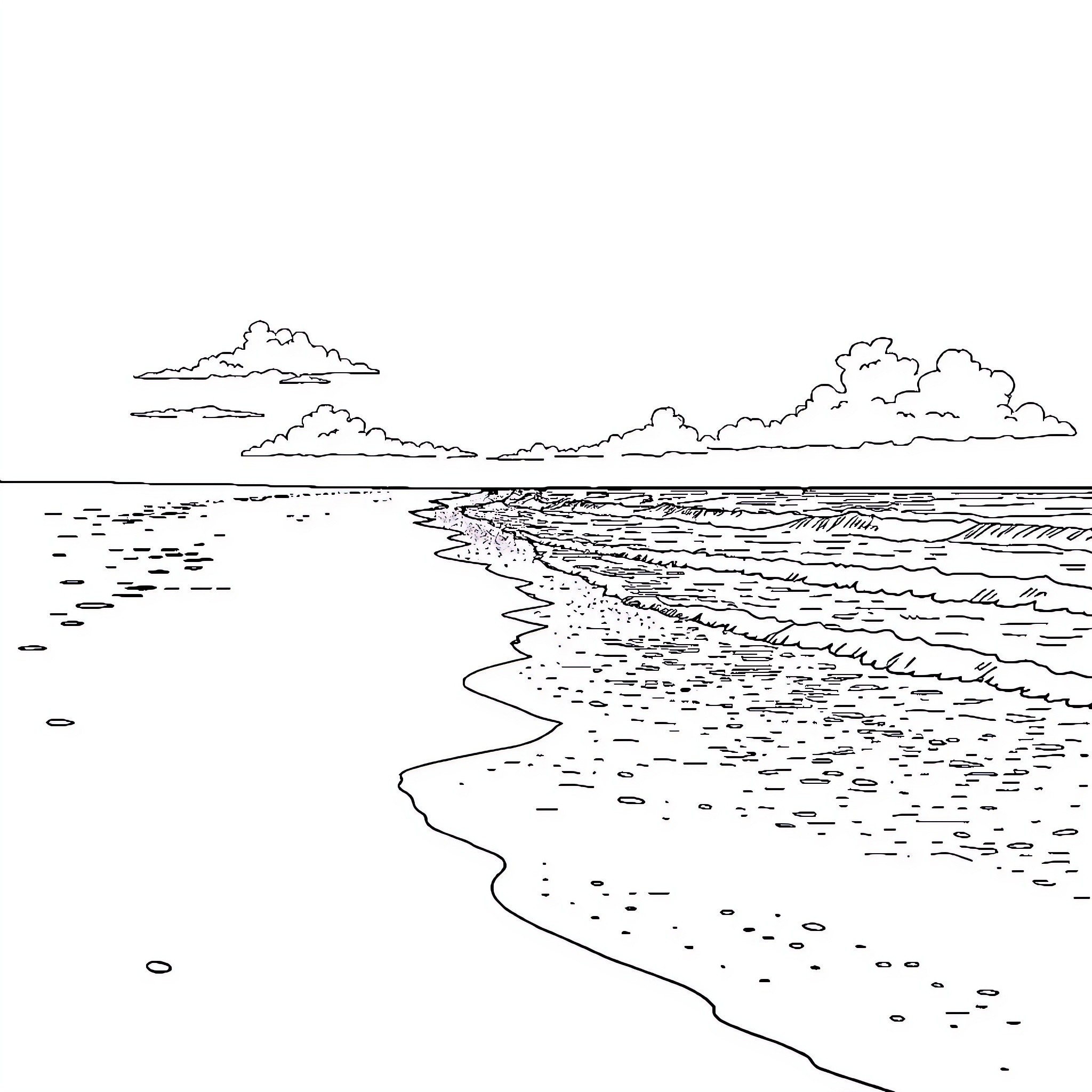 Beach landscape with tranquil ocean and cloudy sky Coloring Page (free black-and-white line drawing printable PDF for all, from beginners to advanced learners, including children, teens, adults, and seniors)
