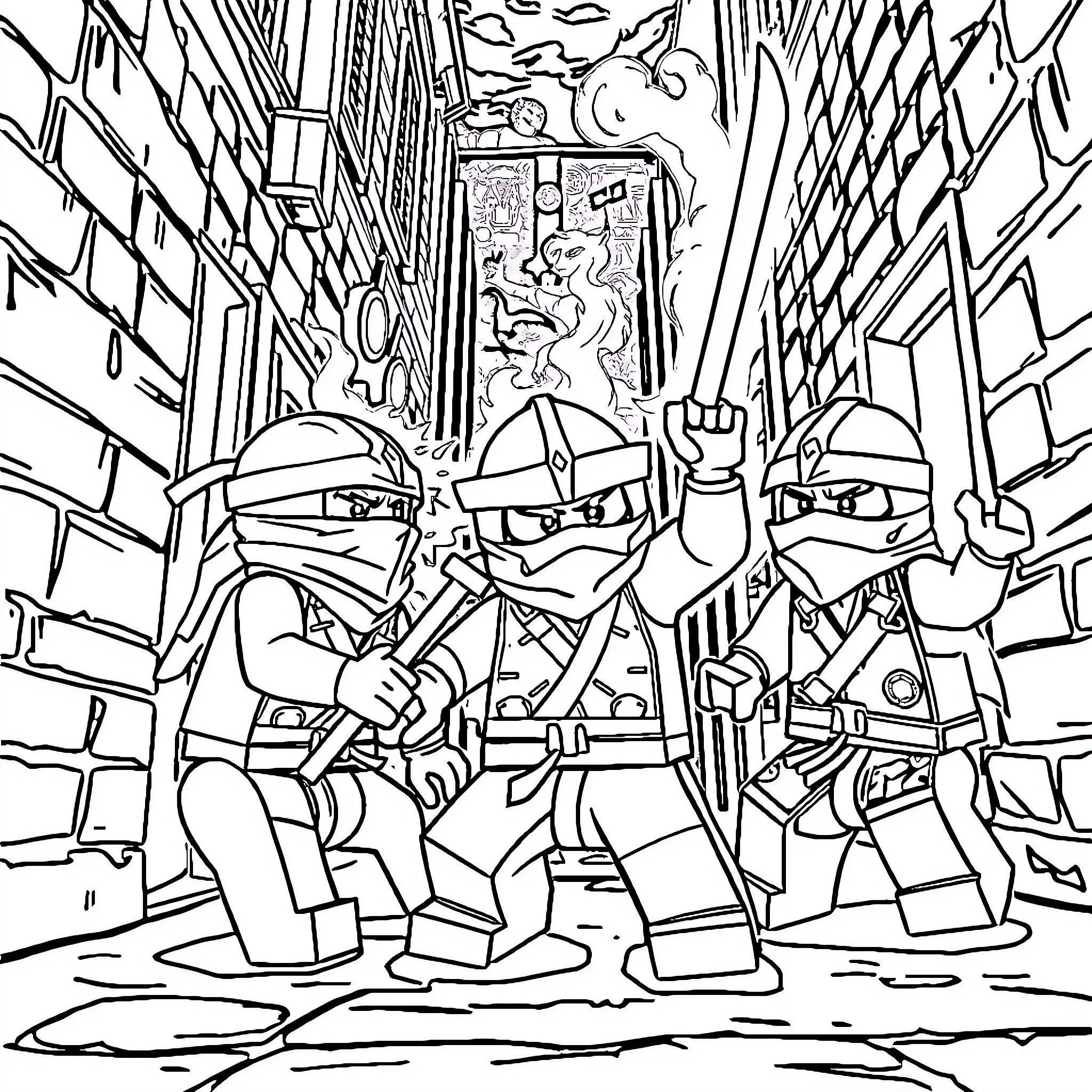 Ninjago warriors in action-packed scene Coloring Page (free black-and-white line drawing printable PDF for all, from beginners to advanced learners, including children, teens, adults, and seniors)