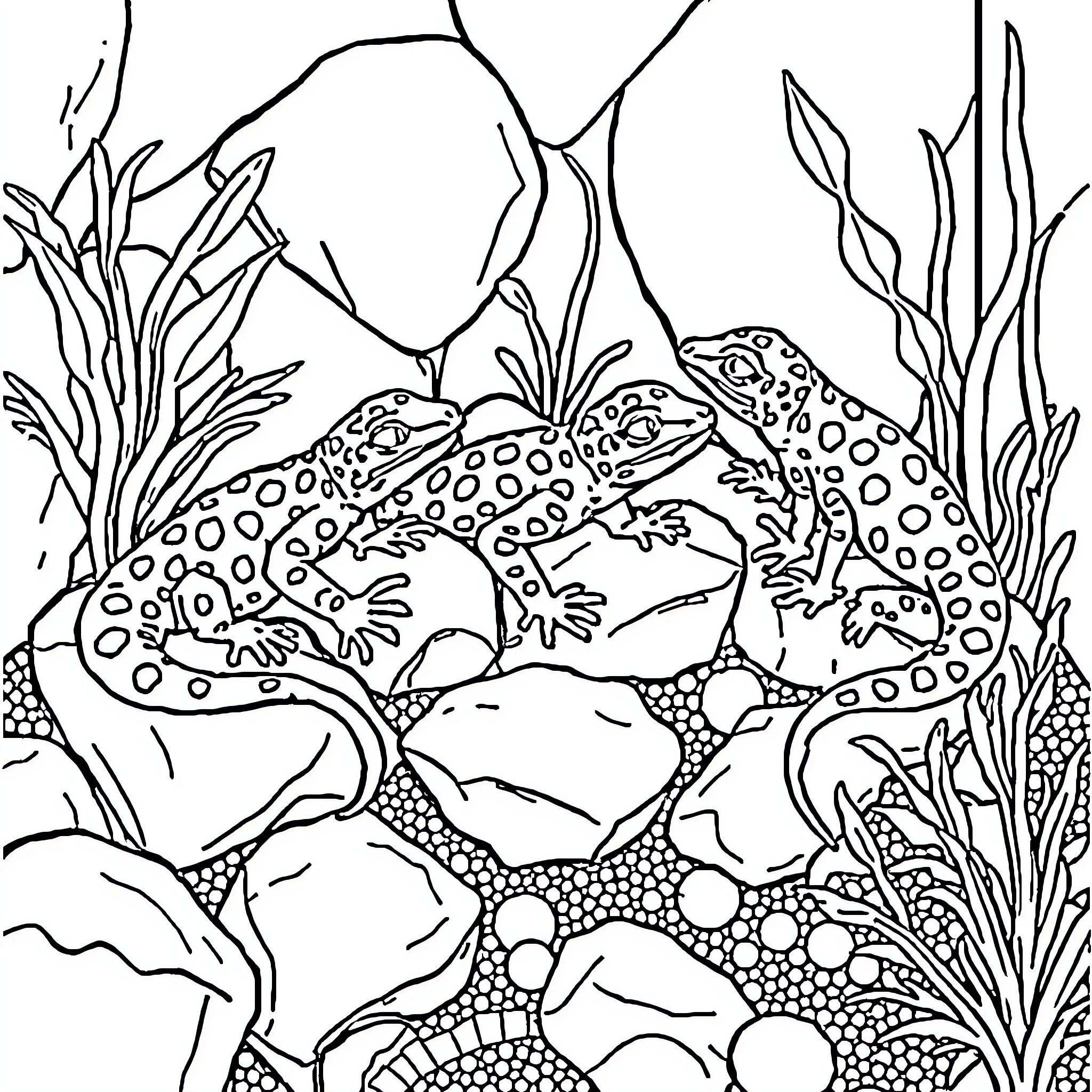 Leopard Gecko exploring a lush underwater scene Coloring Page (free black-and-white line drawing printable PDF for all, from beginners to advanced learners, including children, teens, adults, and seniors)