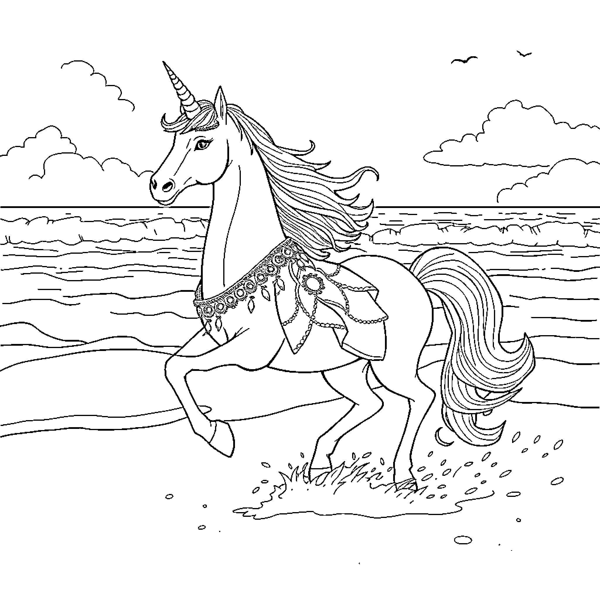 Unicorn galloping by the seaside Coloring Page (free black-and-white line drawing printable PDF for all, from beginners to advanced learners, including children, teens, adults, and seniors)