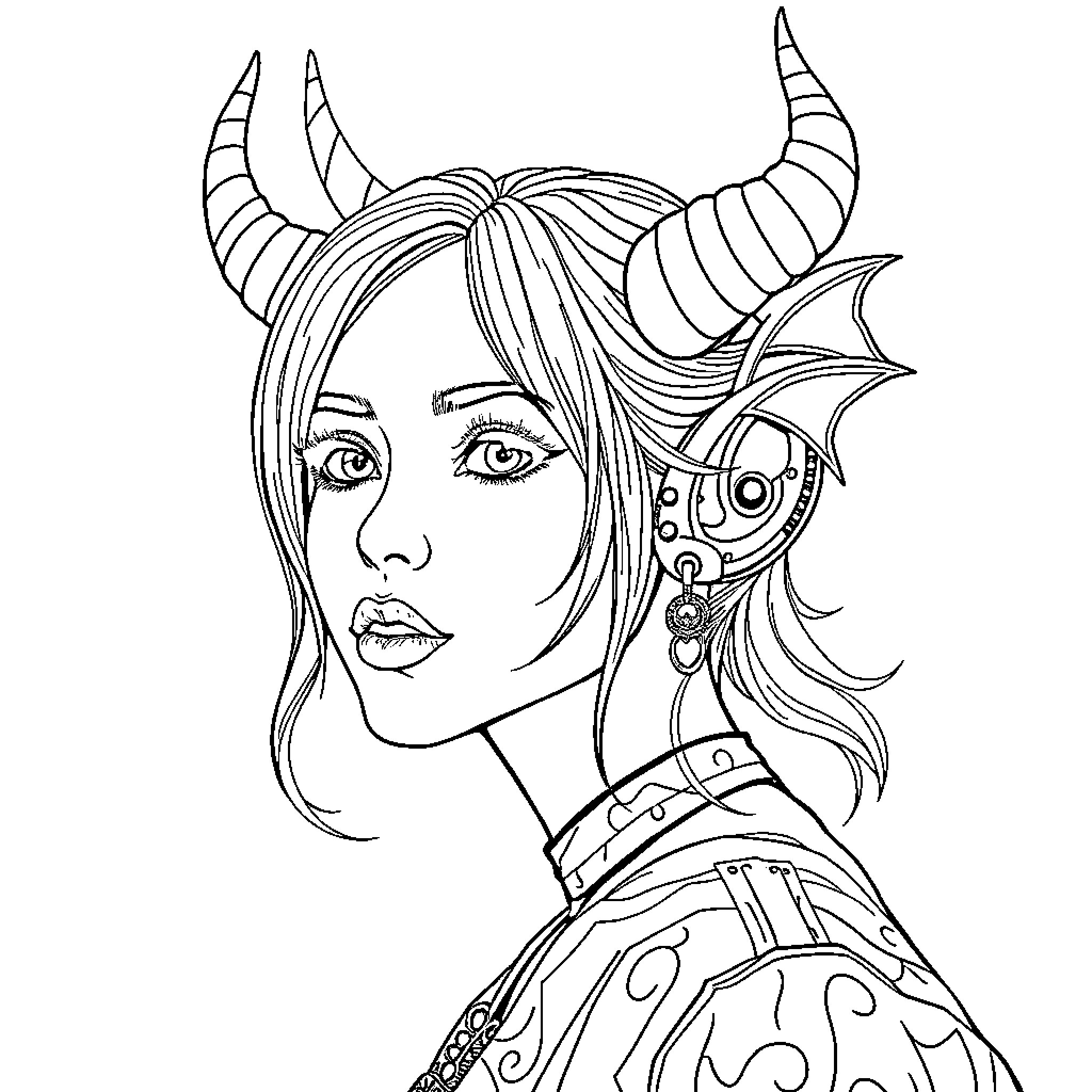 Zoë's Enigmatic Horned Visage Coloring Page (free black-and-white line drawing printable PDF for all, from beginners to advanced learners, including children, teens, adults, and seniors)