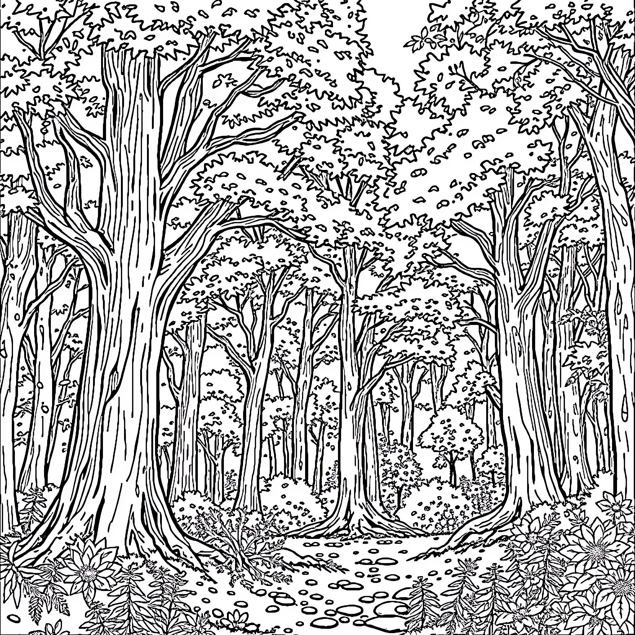 Forest landscape with intricate trees and vegetation Coloring Page (free black-and-white line drawing printable PDF for all, from beginners to advanced learners, including children, teens, adults, and seniors)