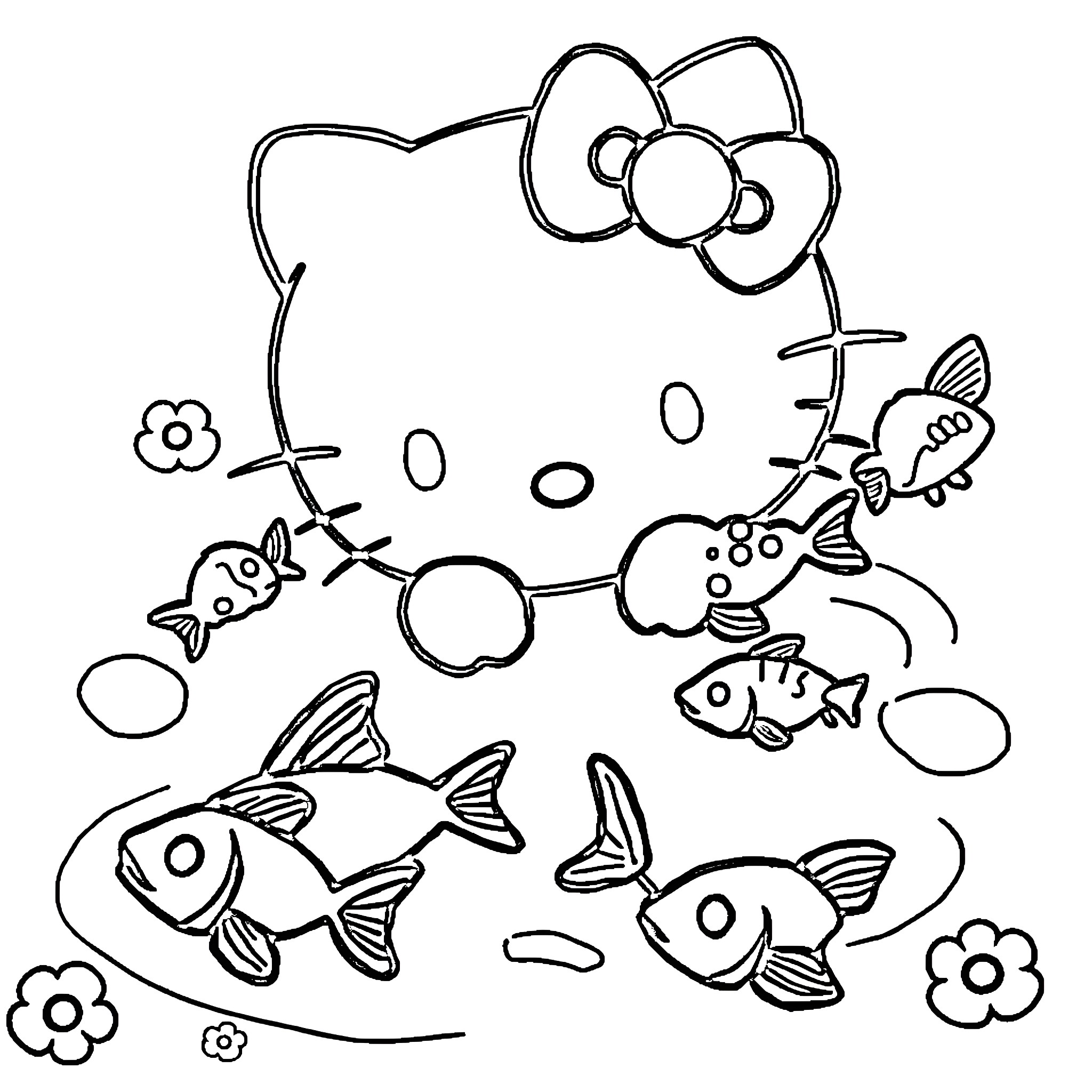 Hello Kitty and her friends in the underwater scene Coloring Page (free black-and-white line drawing printable PDF for all, from beginners to advanced learners, including children, teens, adults, and seniors)