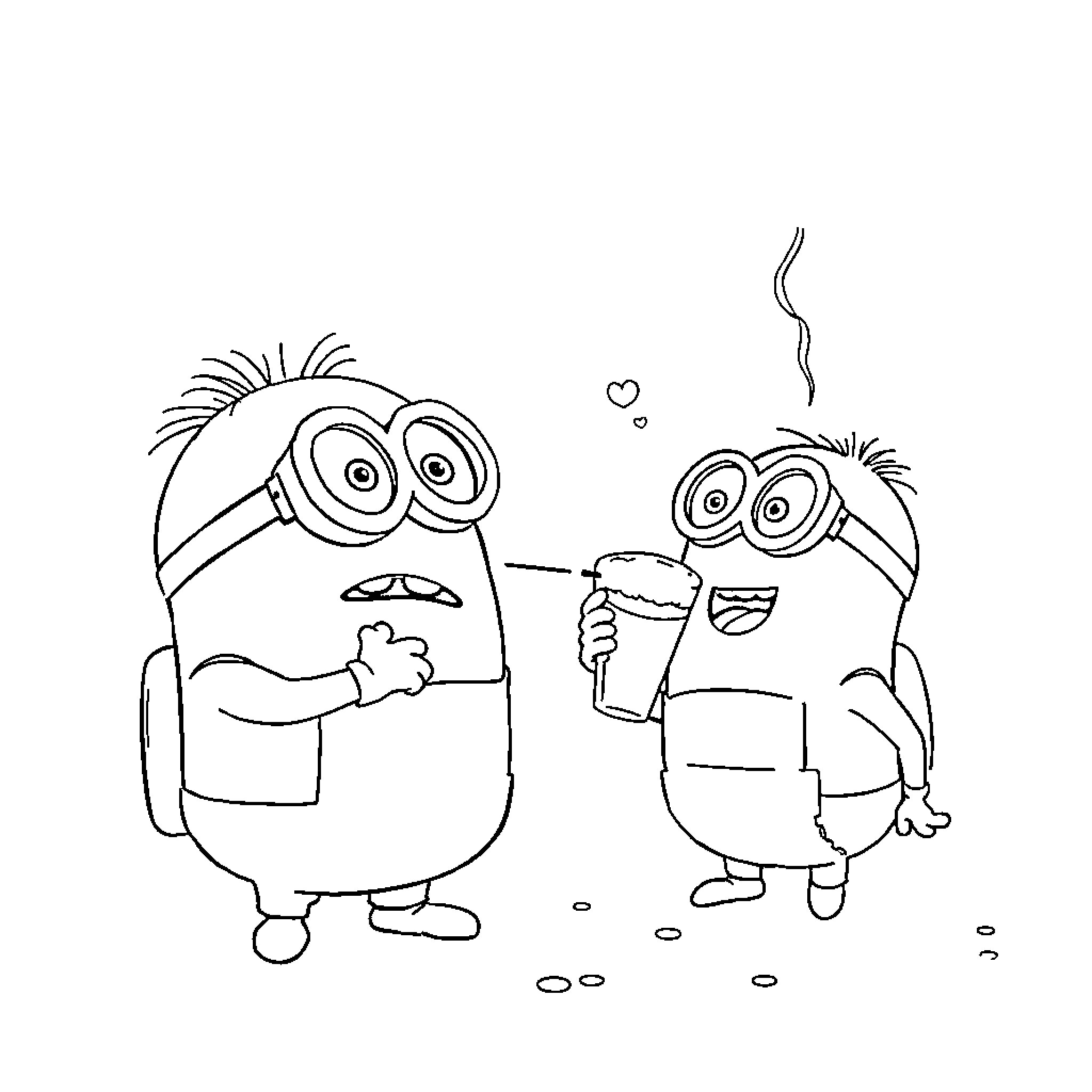 Minions enjoying a refreshing beverage Coloring Page (free black-and-white line drawing printable PDF for all, from beginners to advanced learners, including children, teens, adults, and seniors)