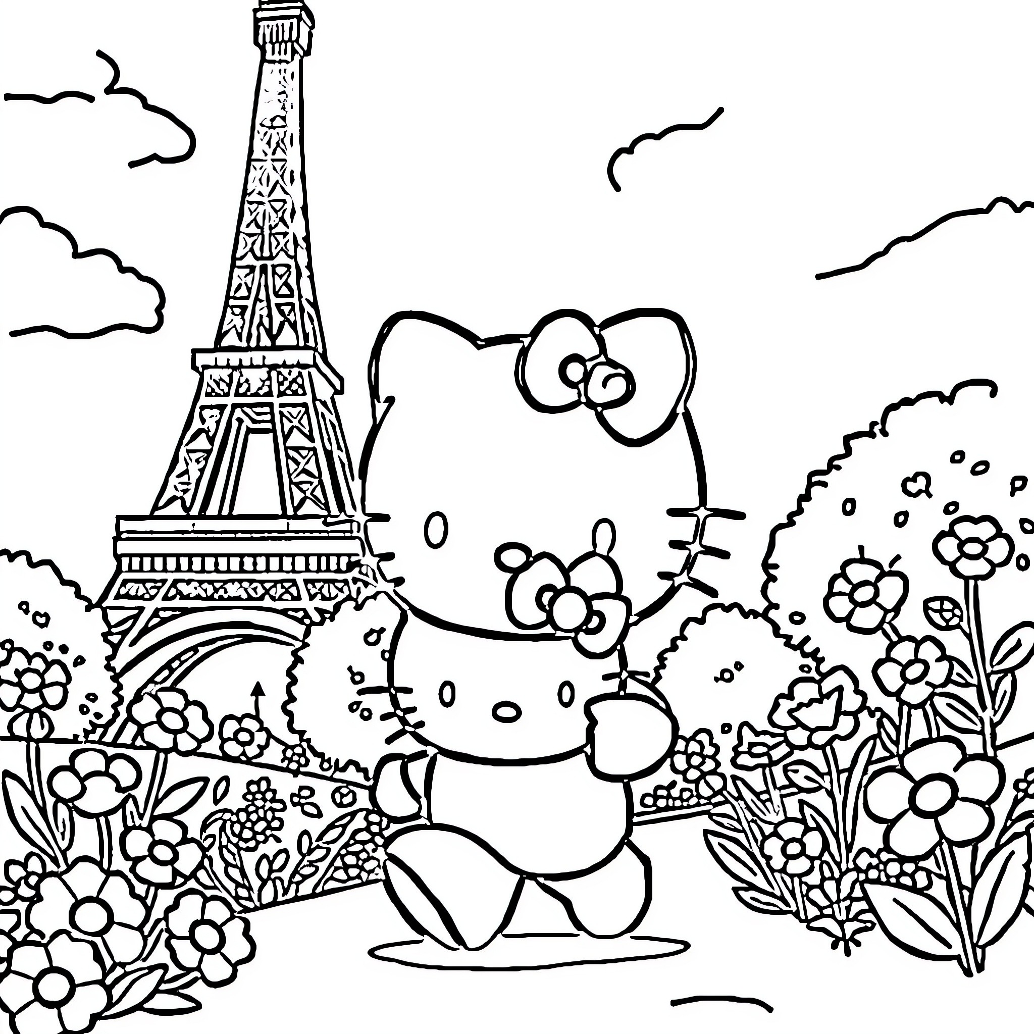 Hello Kitty exploring a floral scene in Paris Coloring Page (free black-and-white line drawing printable PDF for all, from beginners to advanced learners, including children, teens, adults, and seniors)