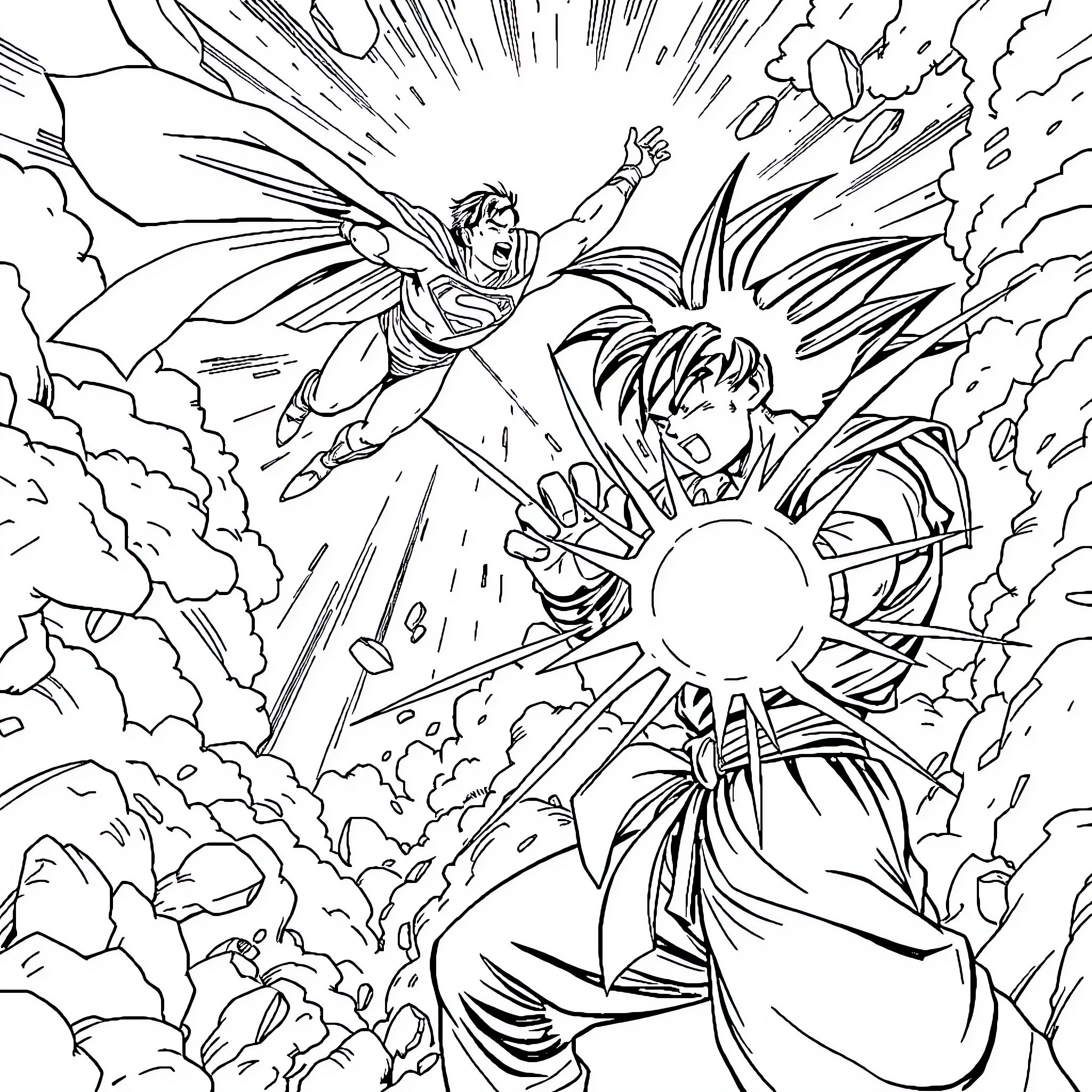 Superman heroically confronting powerful foe in dramatic battle Coloring Page (free black-and-white line drawing printable PDF for all, from beginners to advanced learners, including children, teens, adults, and seniors)