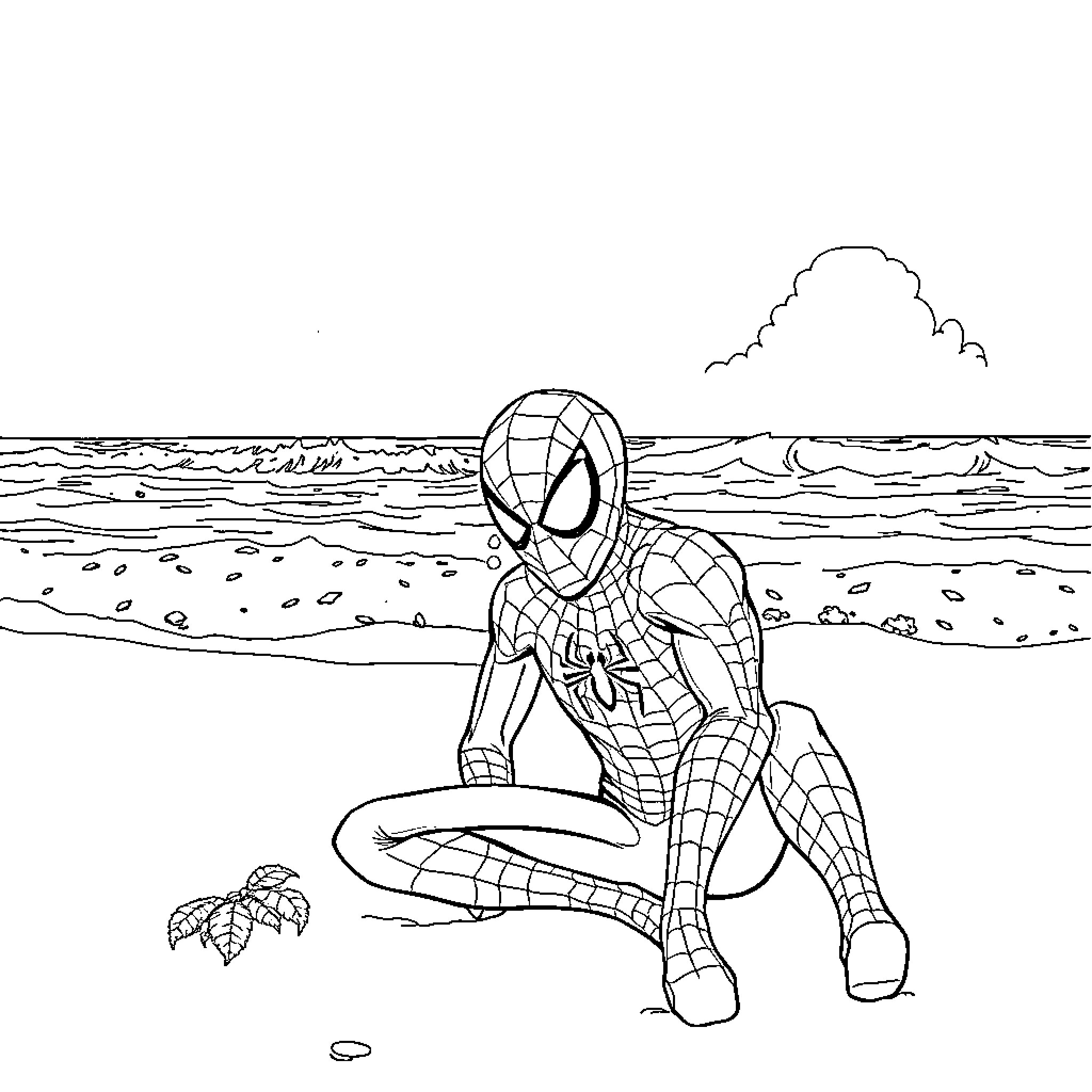 Spiderman exploring a coastal scene Coloring Page (free black-and-white line drawing printable PDF for all, from beginners to advanced learners, including children, teens, adults, and seniors)